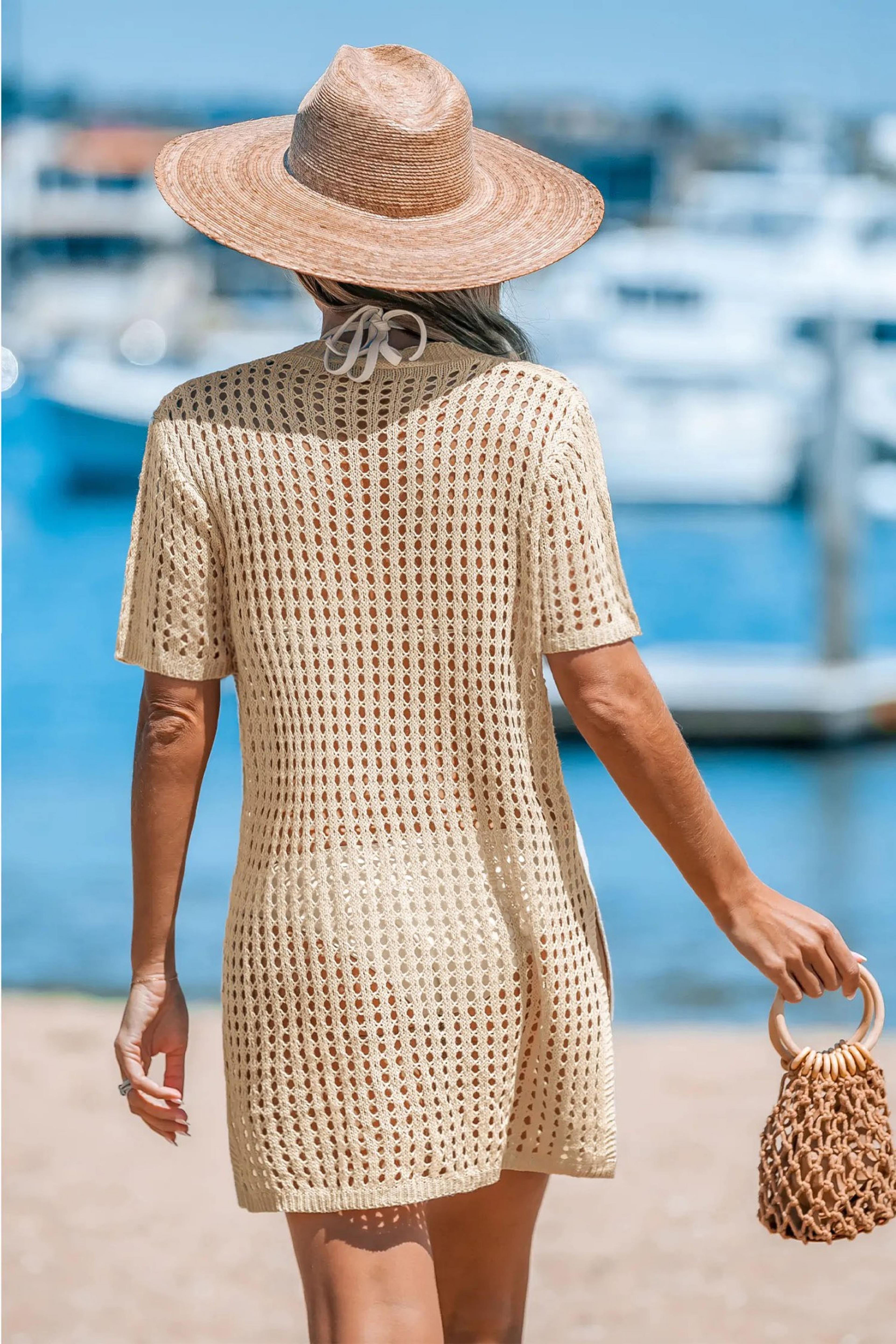 V Neck Crochet Beach Cover Up Dress Button Up Knit Swimwear 1