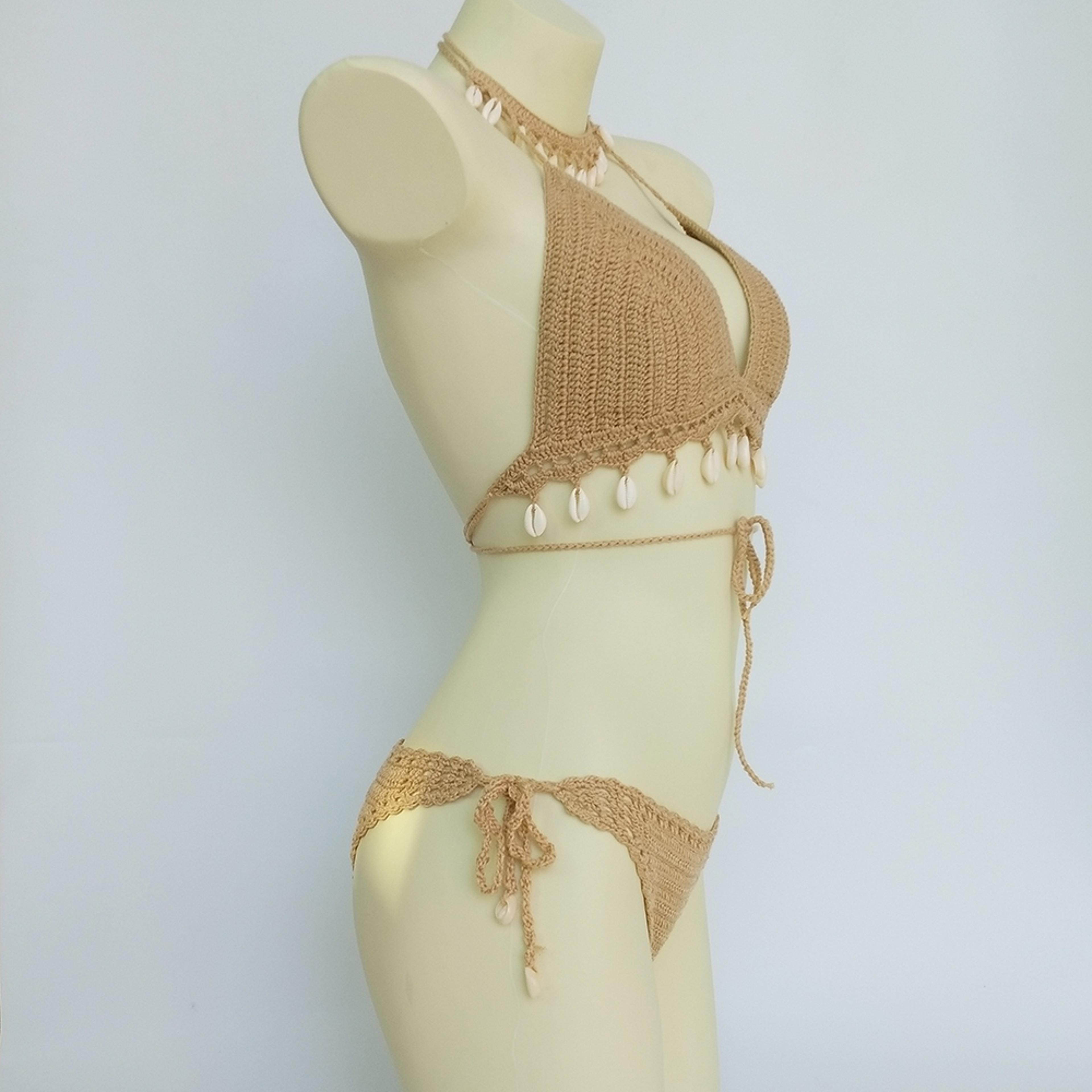 Boho Crochet Shell Tassel Bikini Set With Seashell Ankle Chain 2