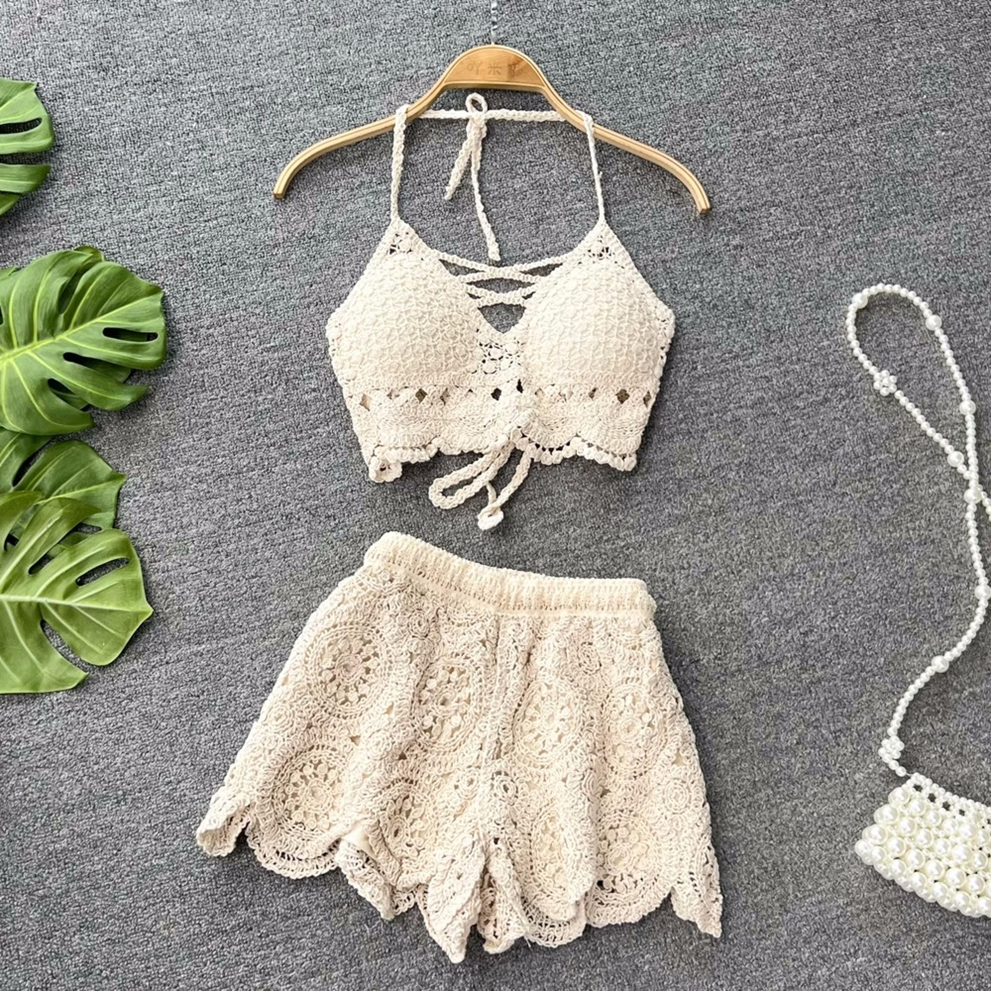 Knit Two Piece Shorts Set Backless Beach Camisole  Elastic Shorts 5