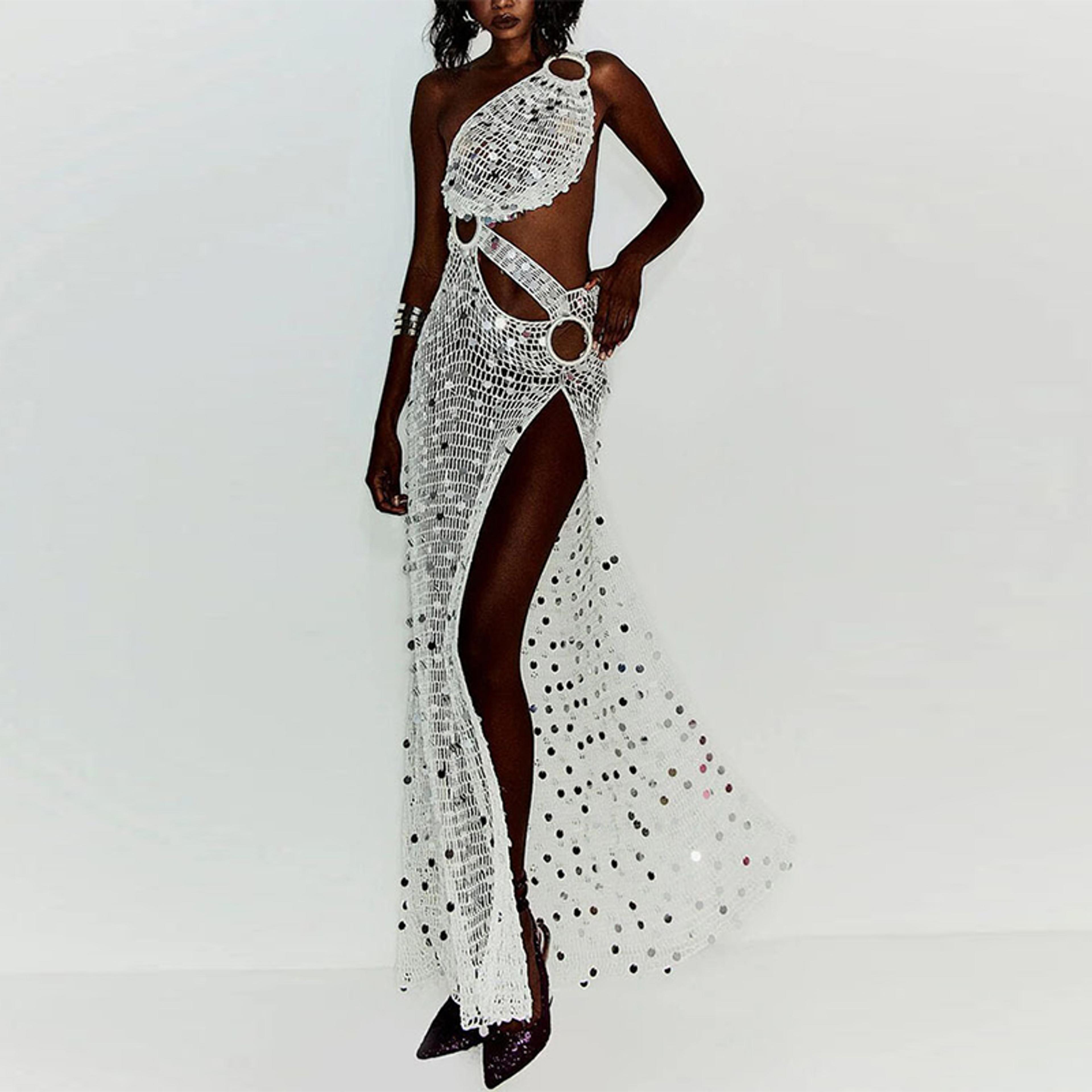 Aura Shimmer Sequin Summer Maxi Dress Sleeveless Hollow Out Bodycon Split Coverup 6
