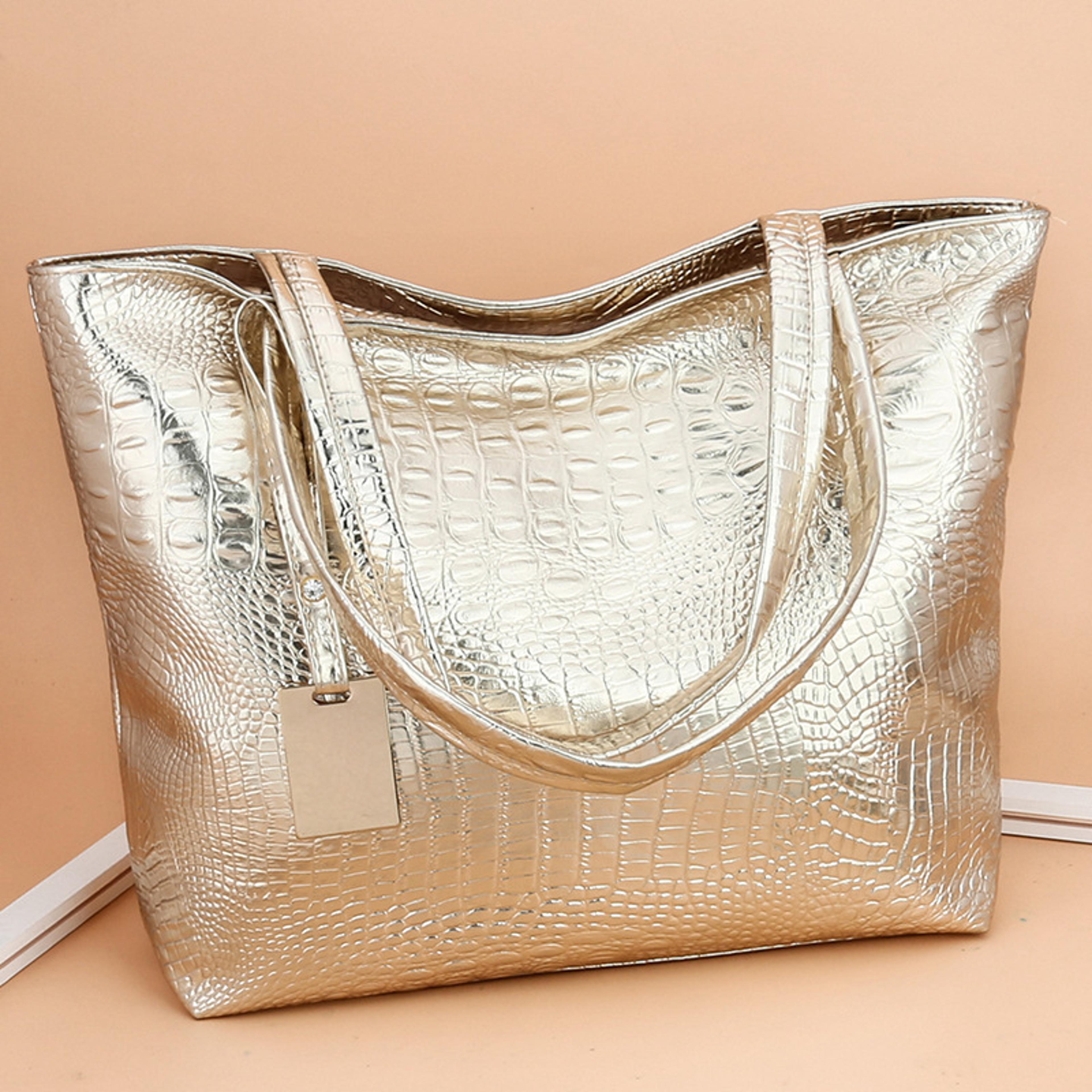 metallic crocodile embossed pu leather tote bag