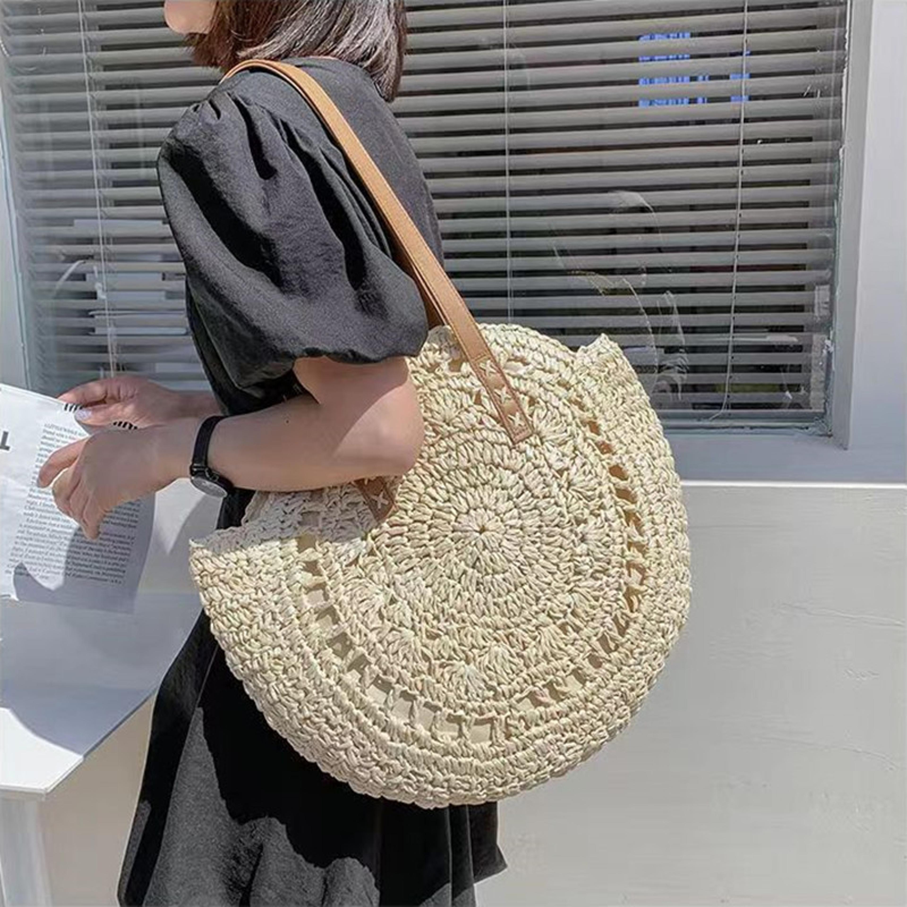 handmade round straw beach bag - vintage woven rattan shoulder purse for bohemian summer vacations