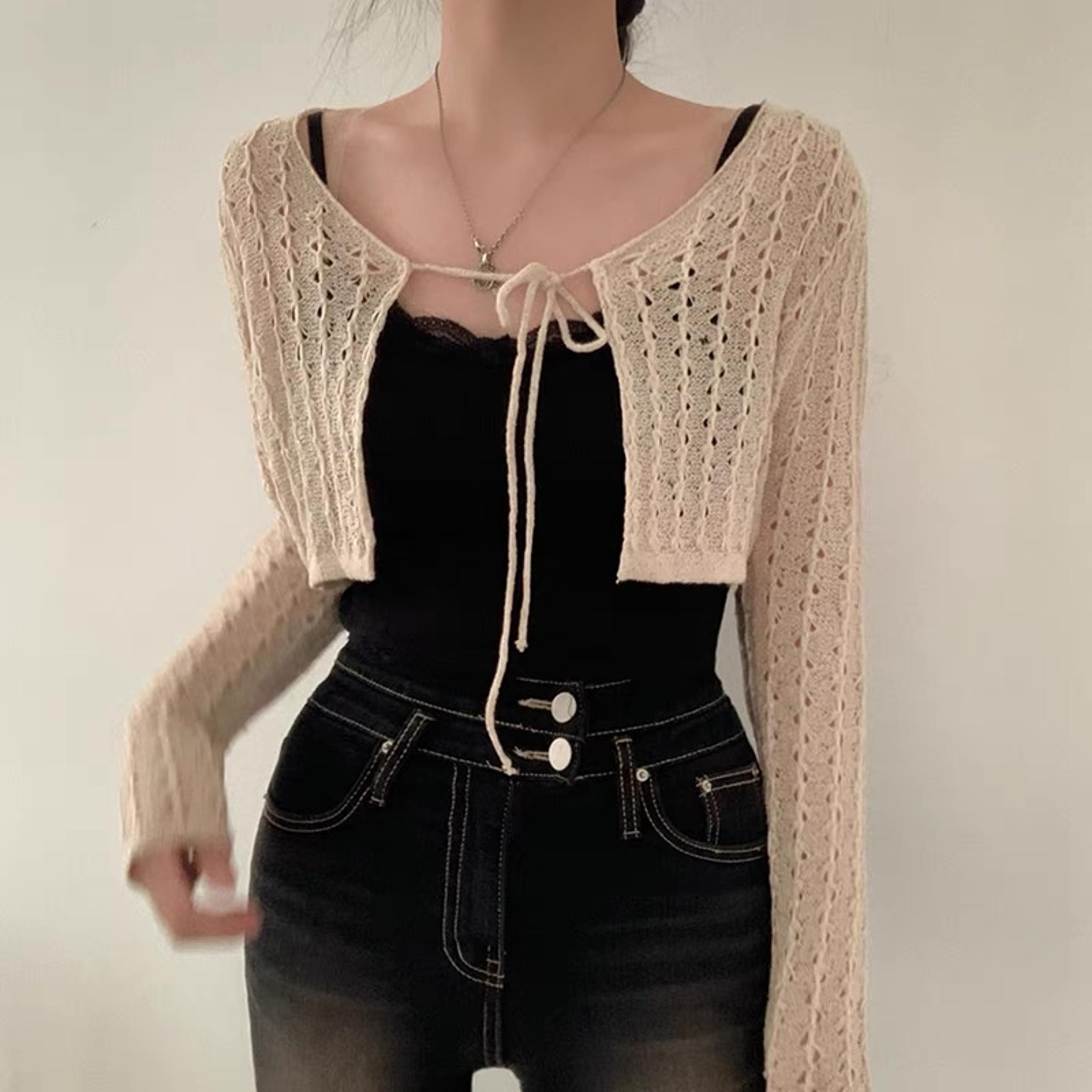 Boho Crochet Knit Tie Front Crop Cardigan Lightweight Summer Bolero 4