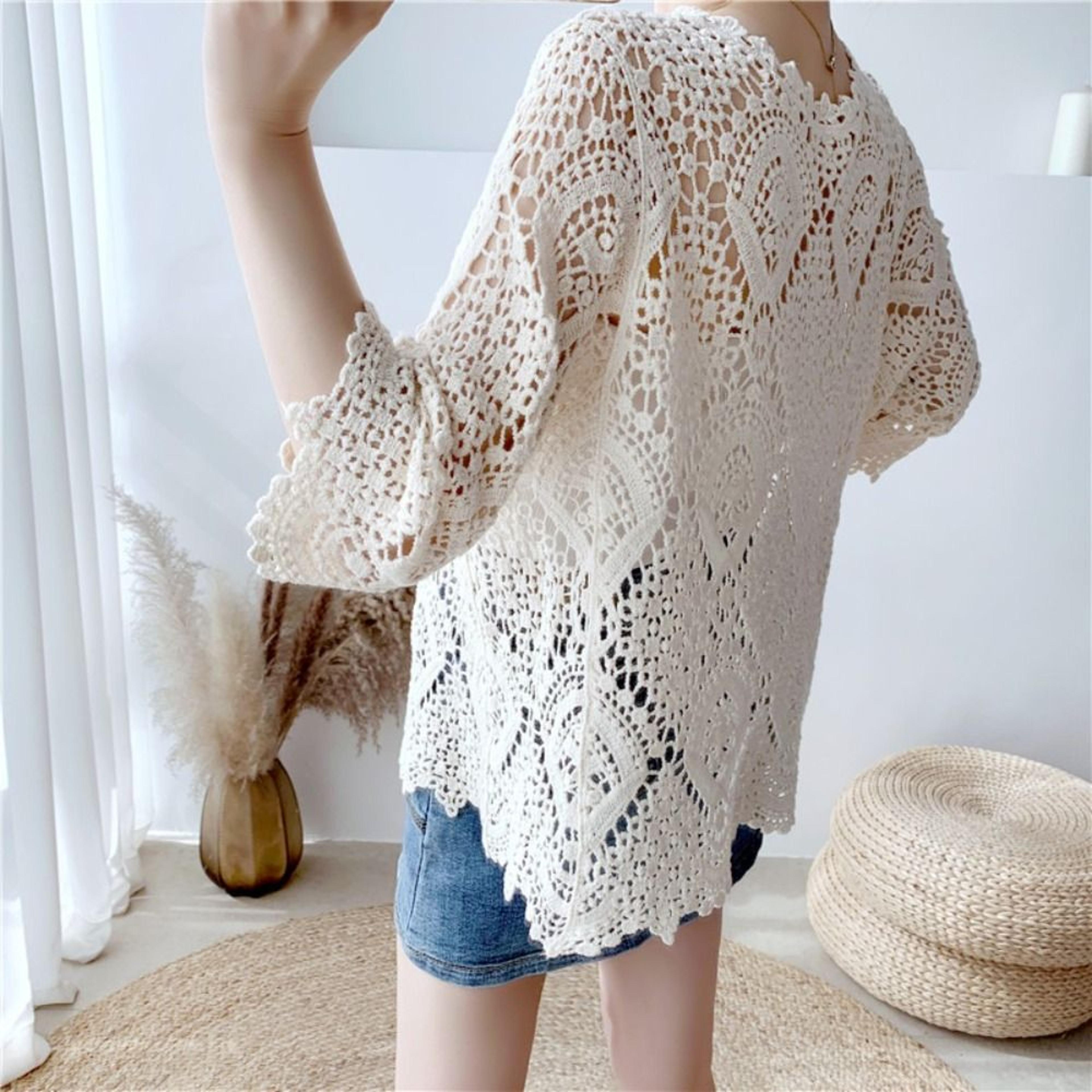 Boho Crochet Open Front Cardigan Lightweight Knitted Shrug With Flare Long Sleeves For Women 1
