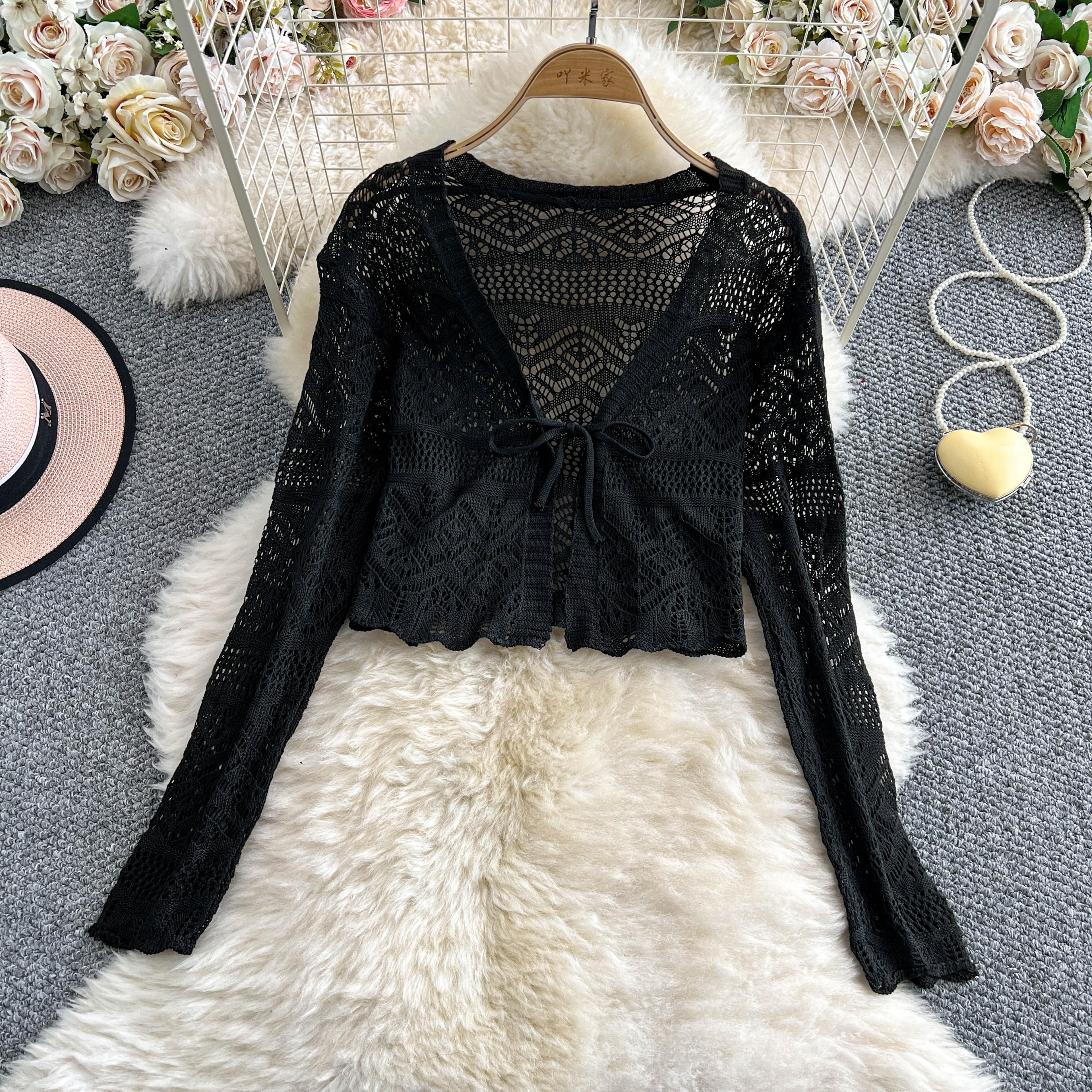 Boho Crochet Crop Cardigan Tie Front Lightweight Summer Bolero Shrug 4