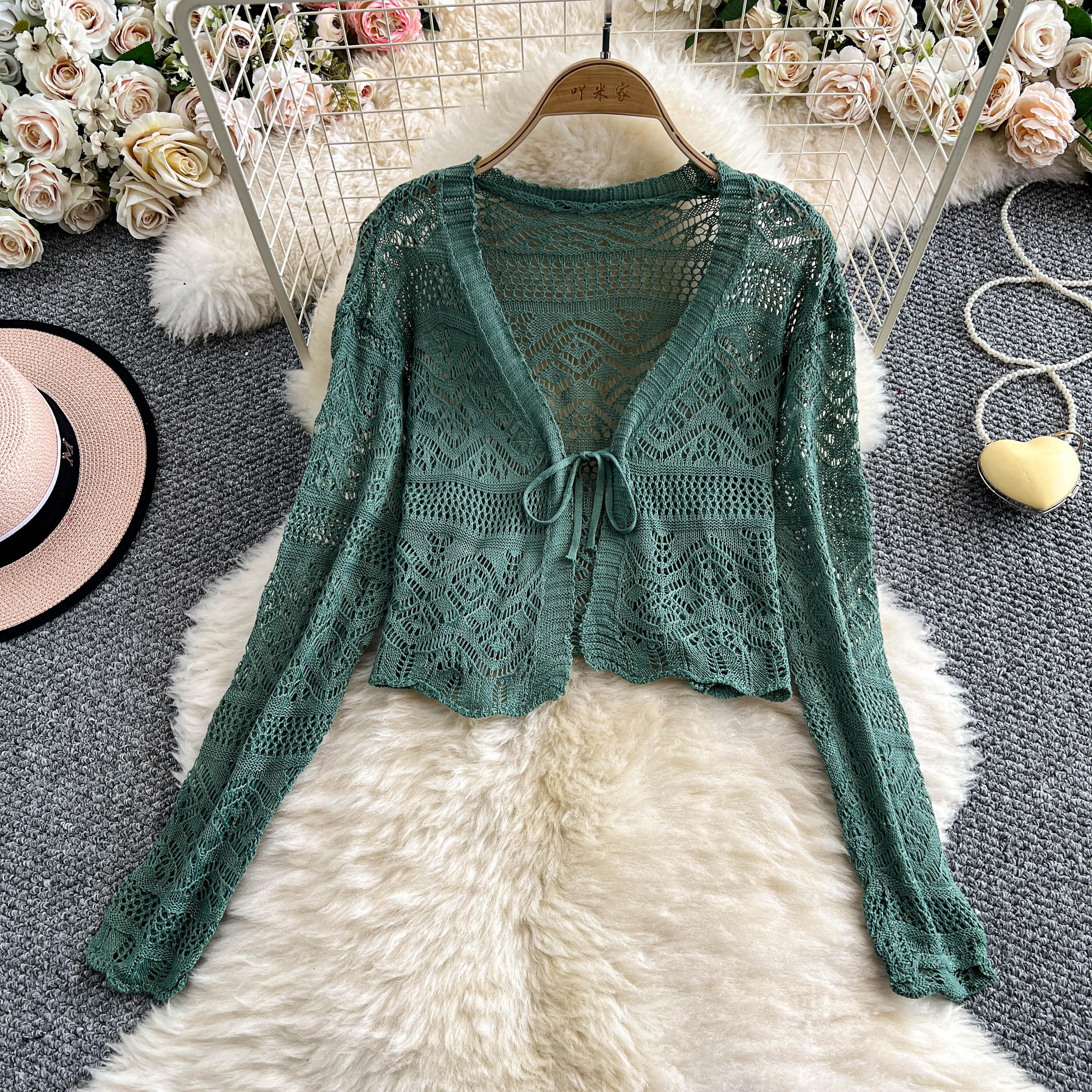 Boho Crochet Crop Cardigan Tie Front Lightweight Summer Bolero Shrug 5