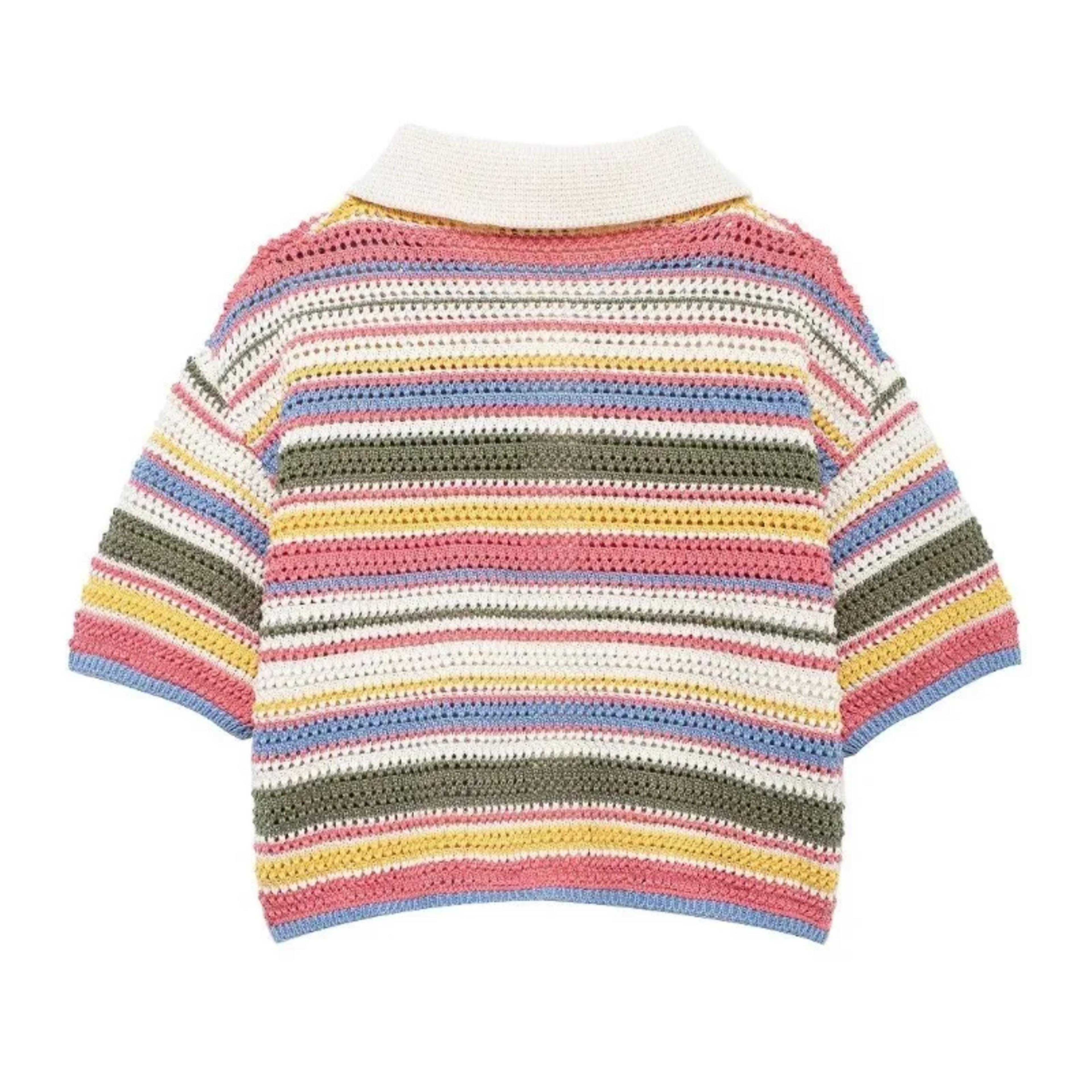 Chic Striped Crochet Knit Crop Sweater With Polo Collar And Short Sleeve ButtonUp Design 1