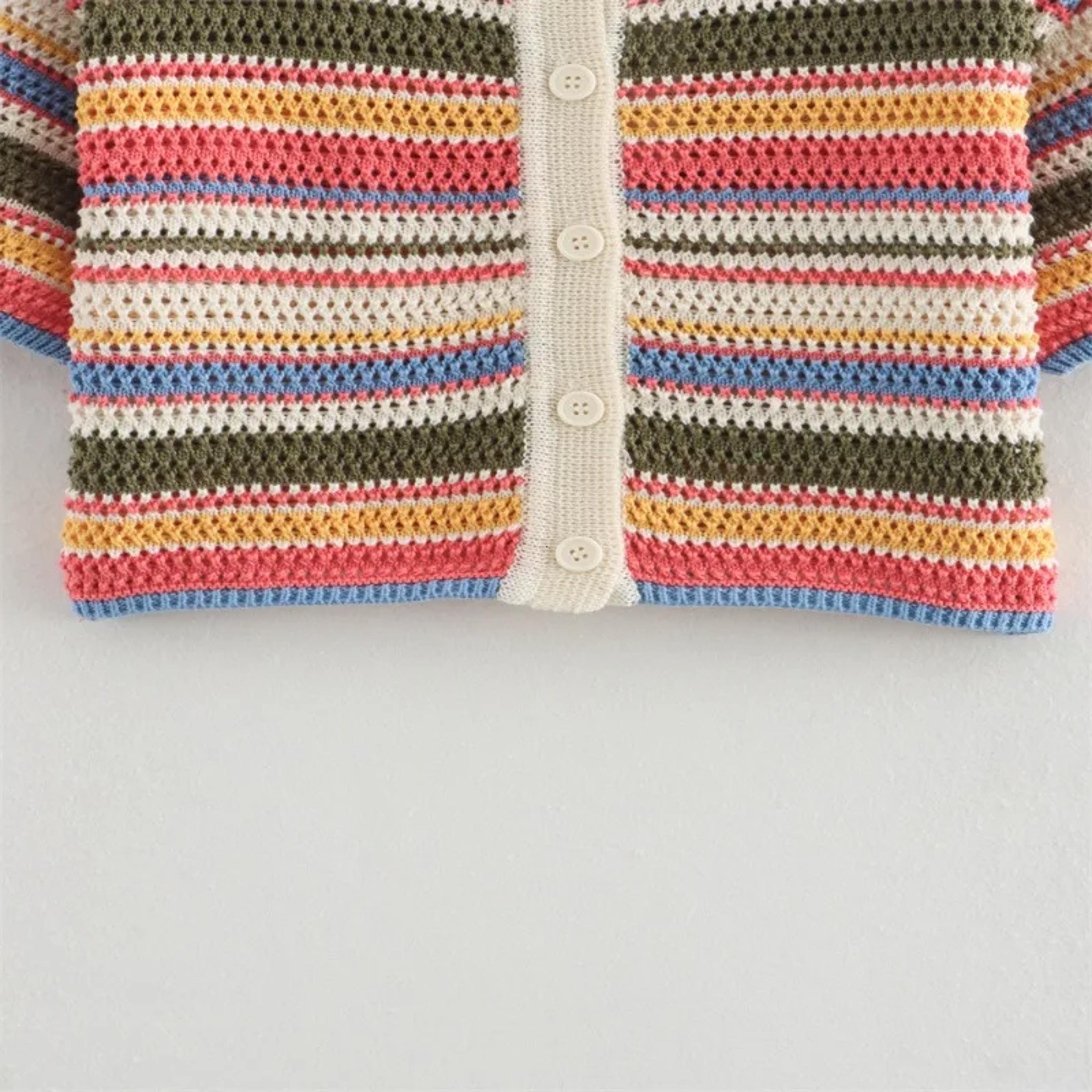 Chic Striped Crochet Knit Crop Sweater With Polo Collar And Short Sleeve ButtonUp Design 3