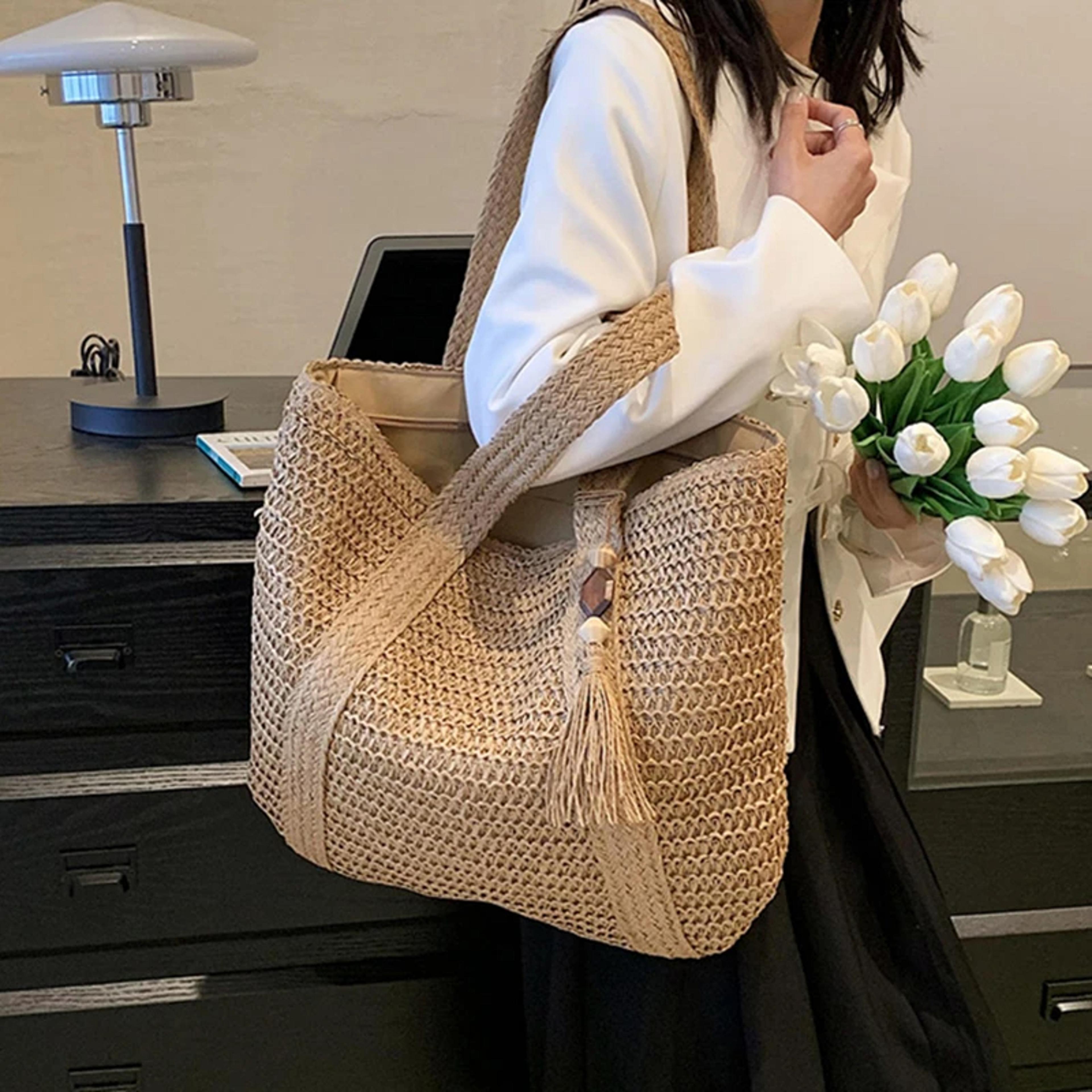 bohemian large capacity straw beach tote bag with tassel pendant