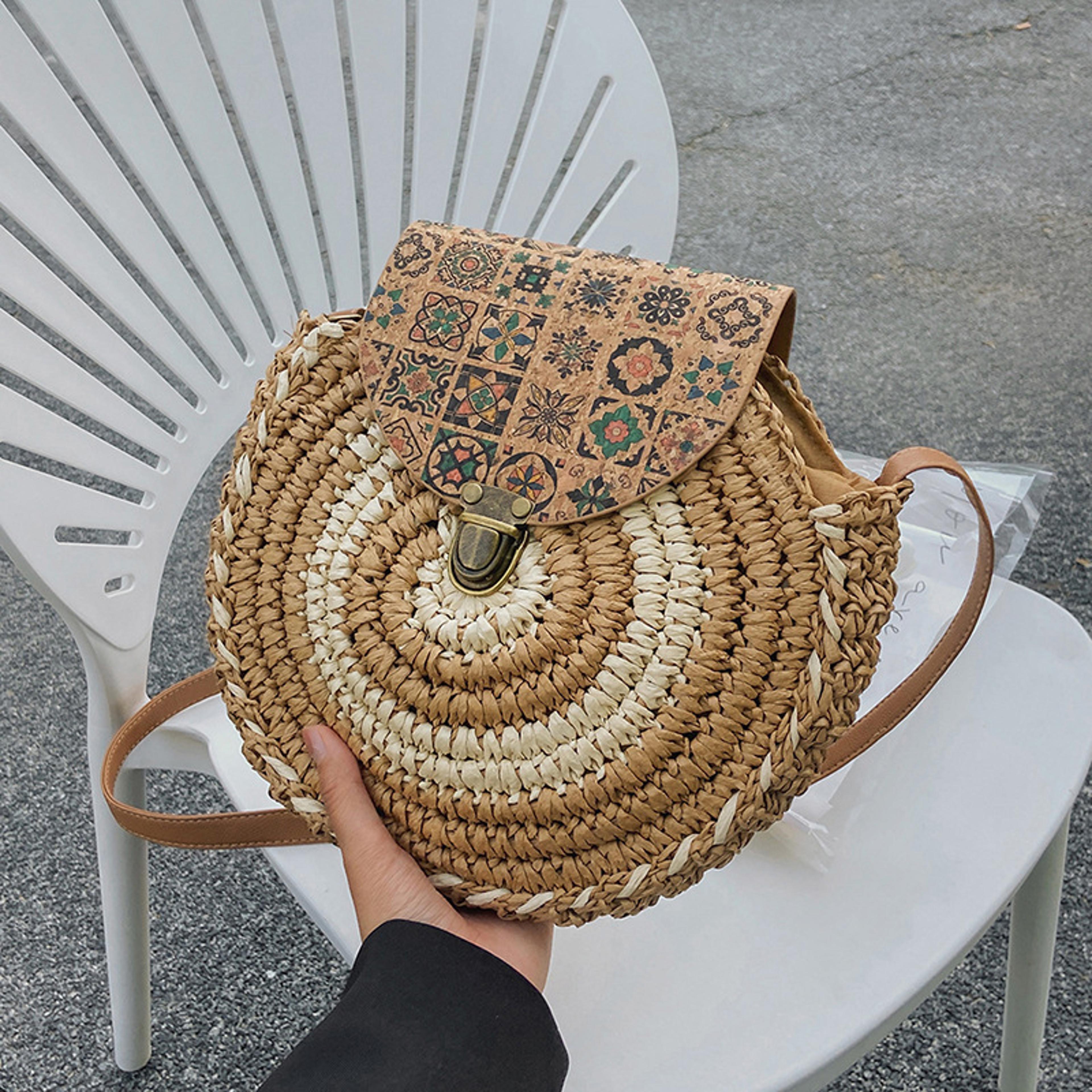 chinoiserie straw woven large capacity messenger bag