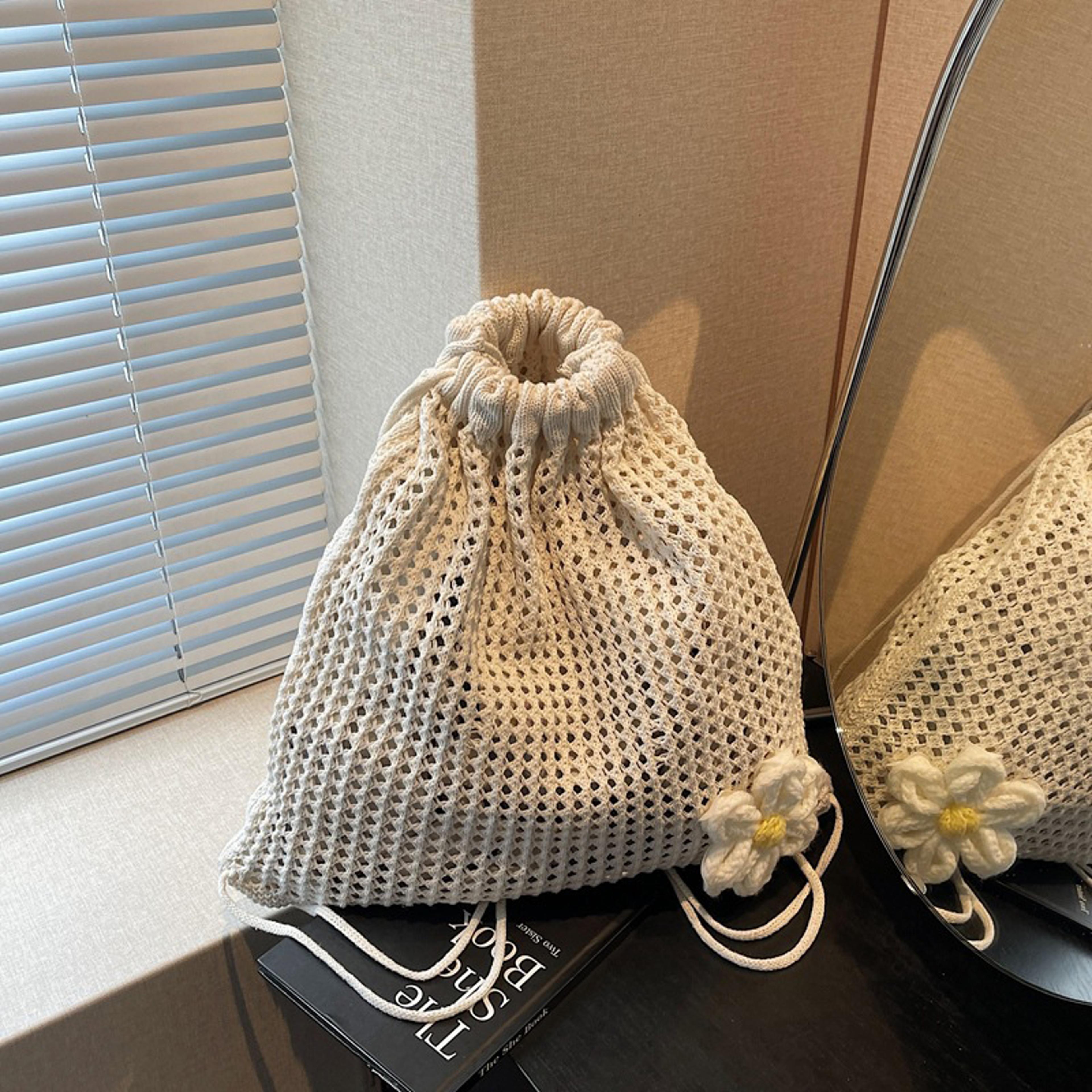 boho crochet backpack: large capacity hollow woven flower shoulder bag for women