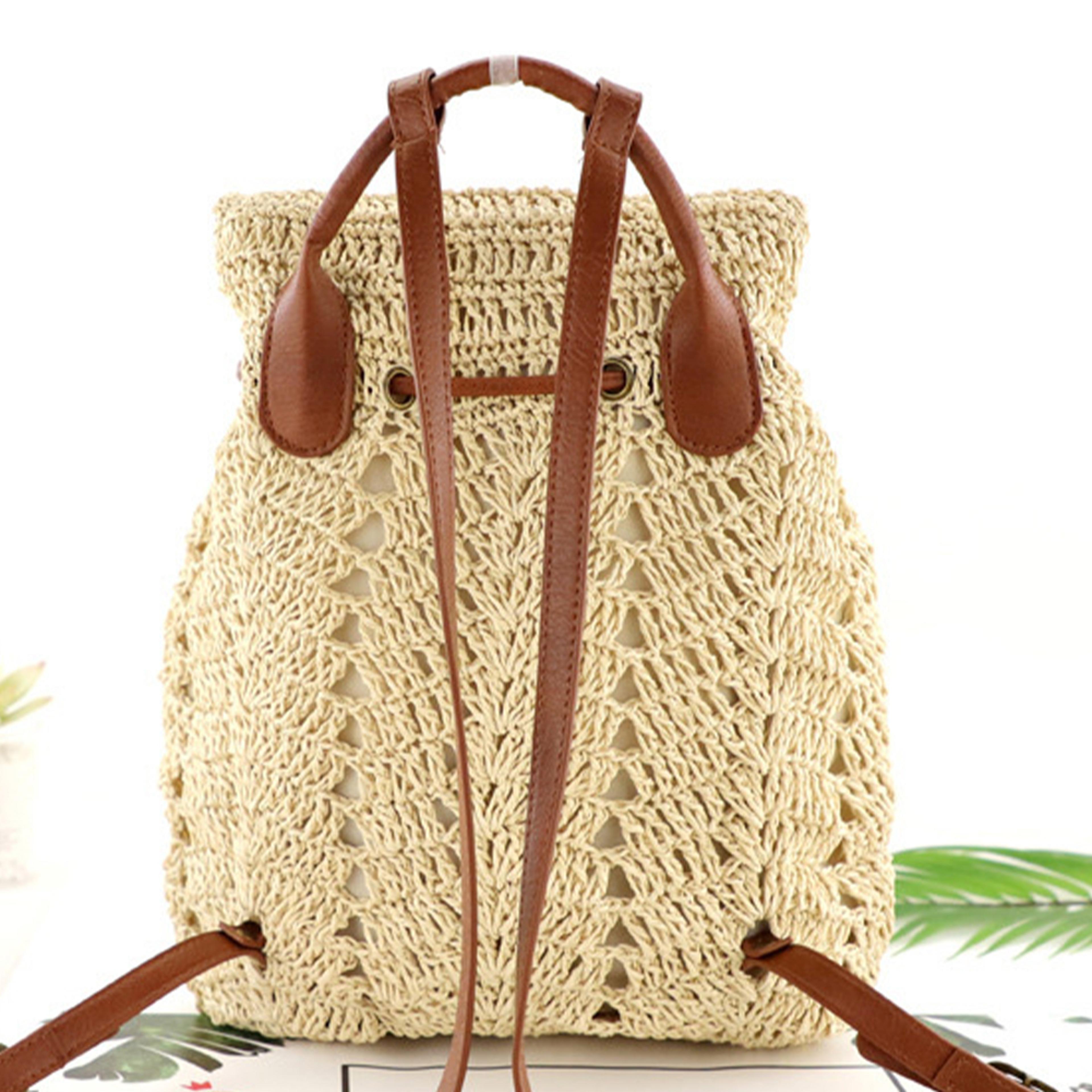 woven straw beach backpack - crochet summer holiday shoulder bag with drawstring closure