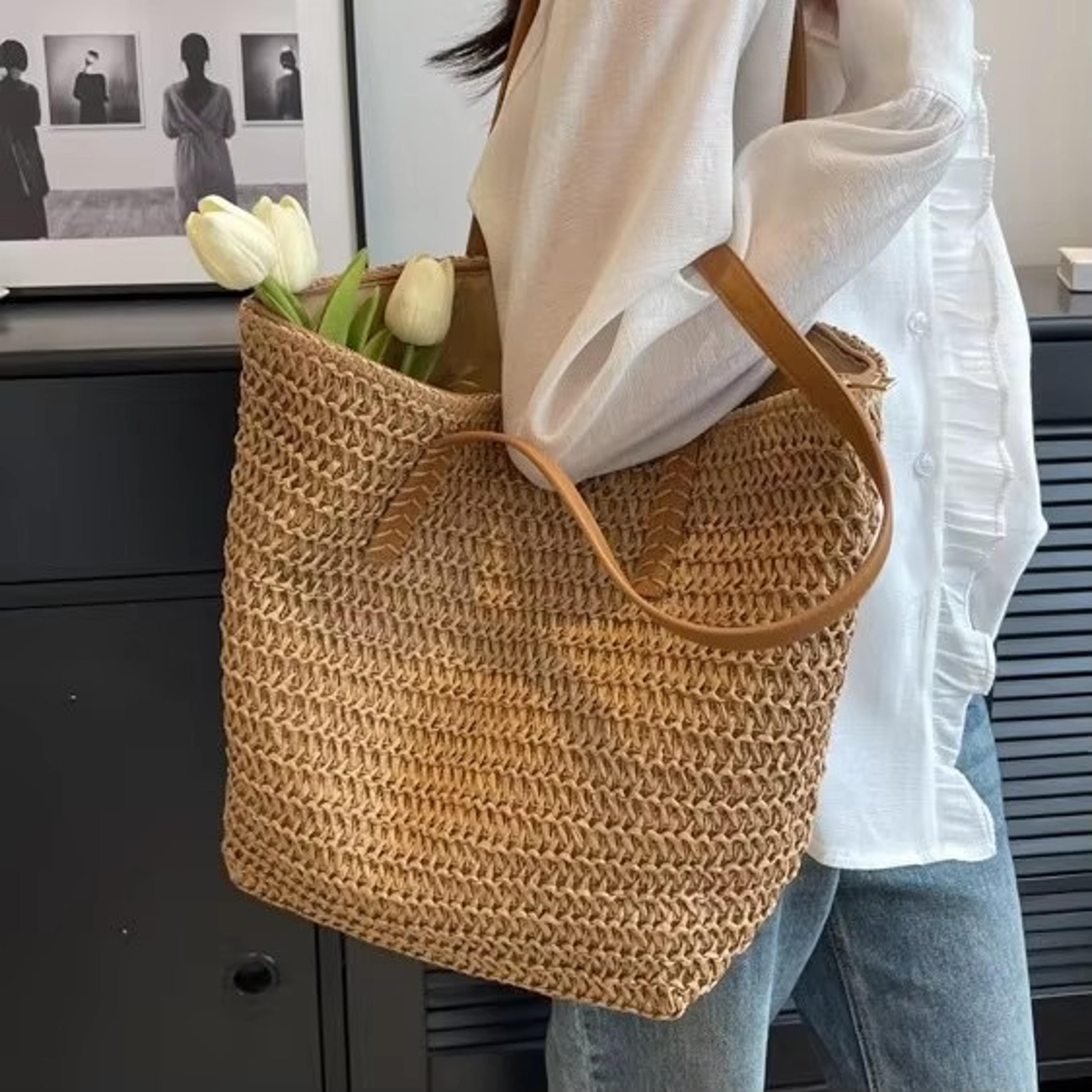 Versatile Summer Beach Straw Woven Tote Bag Commuting Shoulder Bag 6