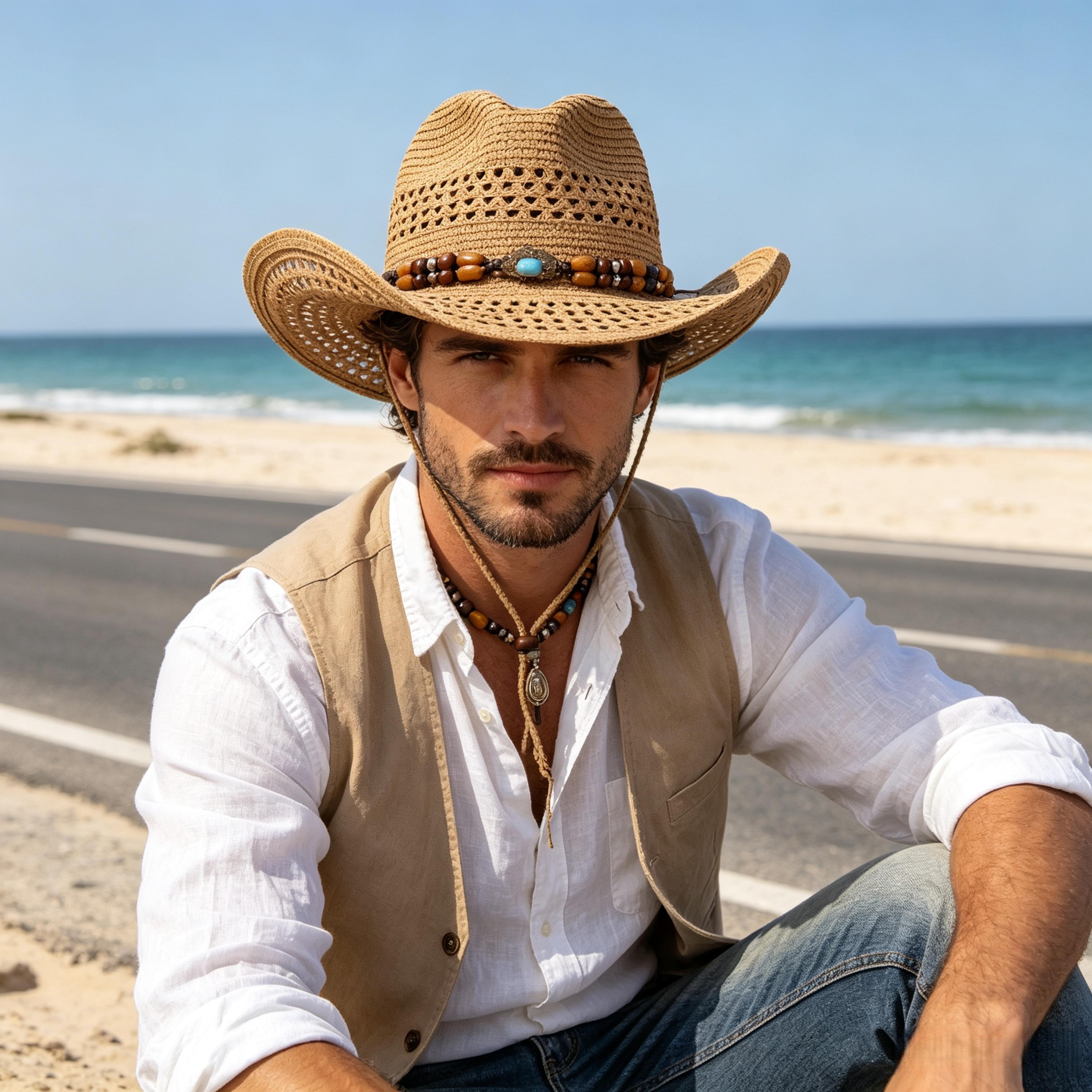 bohemian wide-brimmed hat: vintage-style woven straw sun hat with wooden bead accents