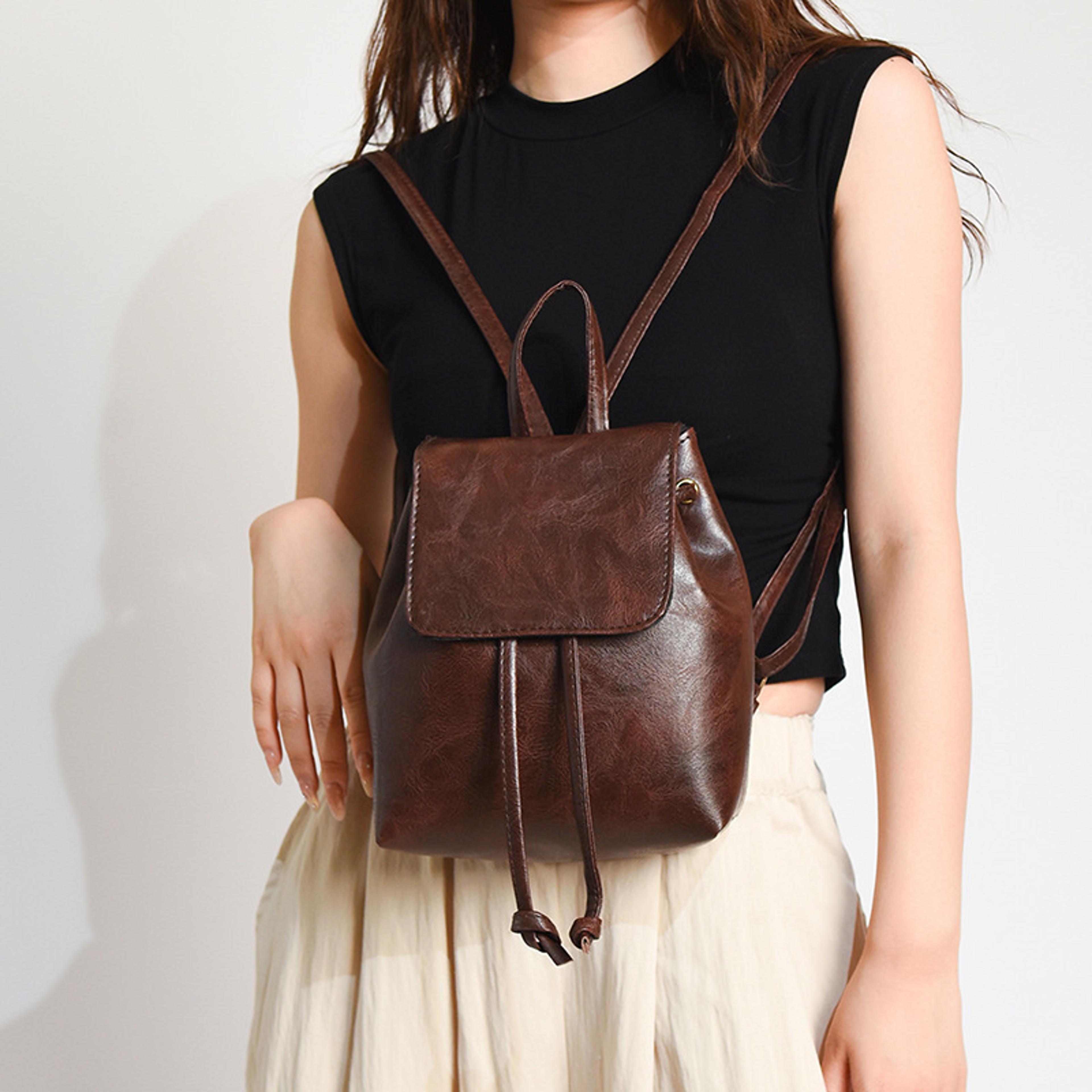 Small Drawstring Flap Backpack Mini PU Leather Fashion Travel Purse 3