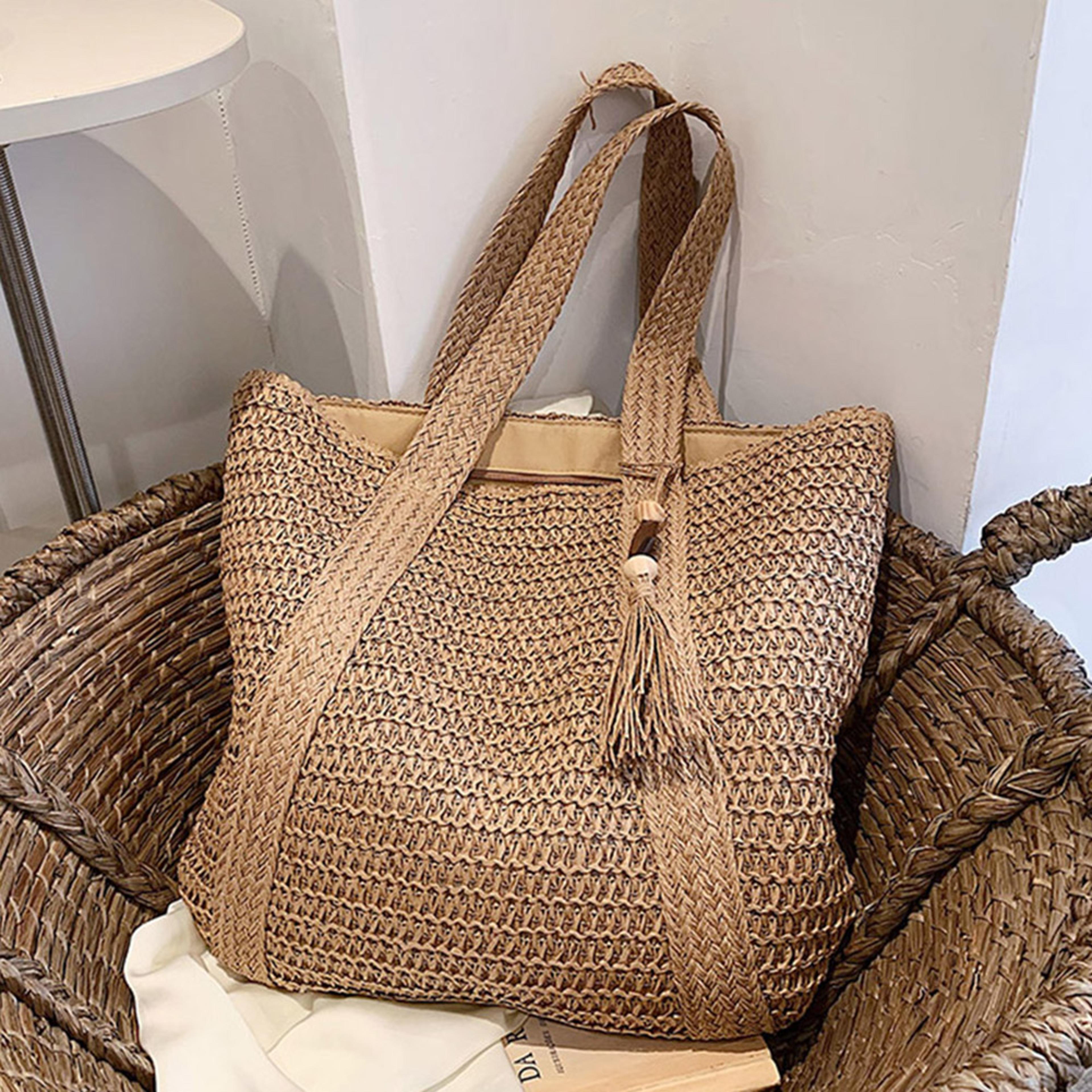 Handwoven Boho Straw Beach Bag  Large Raffia Tote With Tassel Detail 4