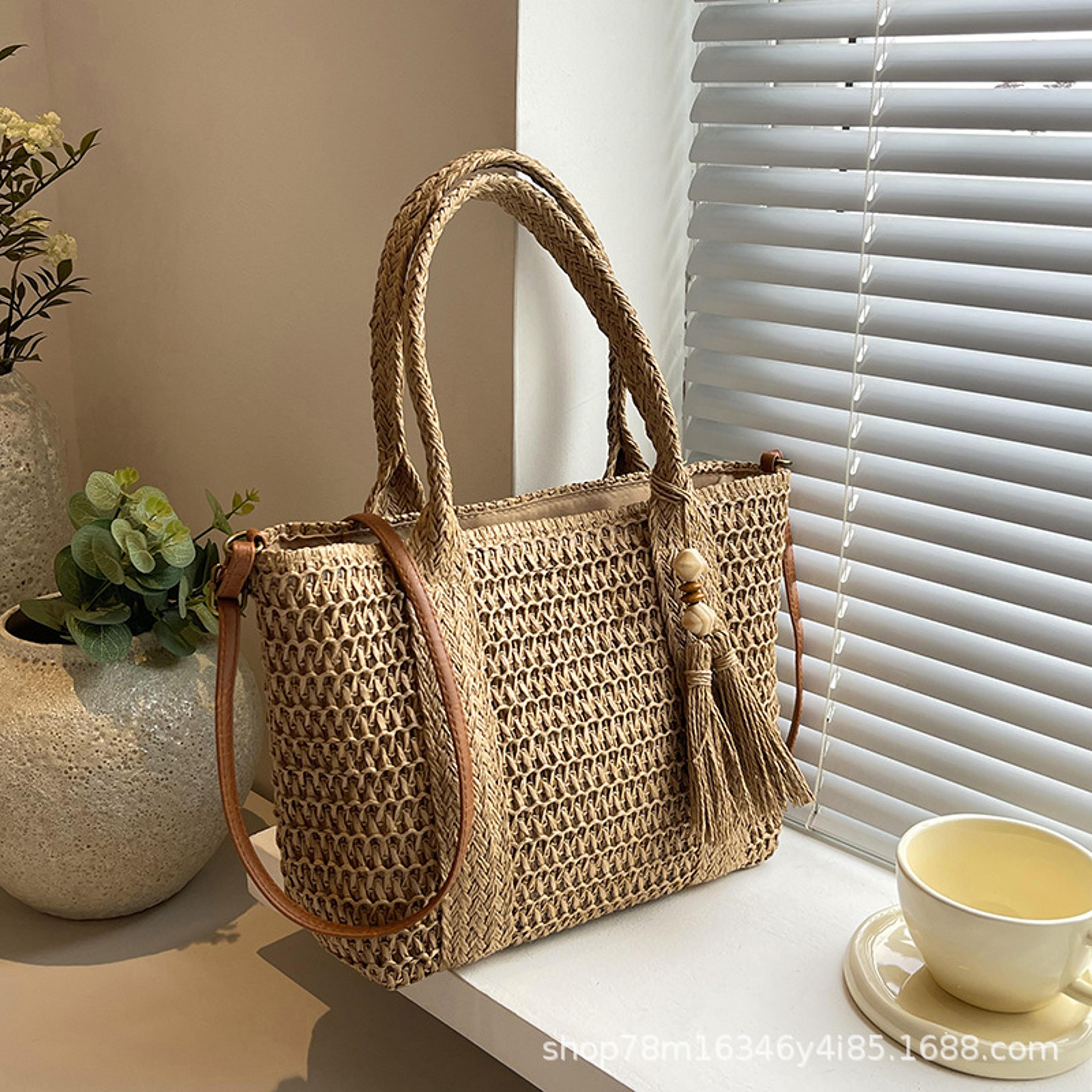 Boho Straw Woven Bag  Large Capacity Beach Tote Bag With Tassels Relaxed Style Summer Shoulder Hand 6