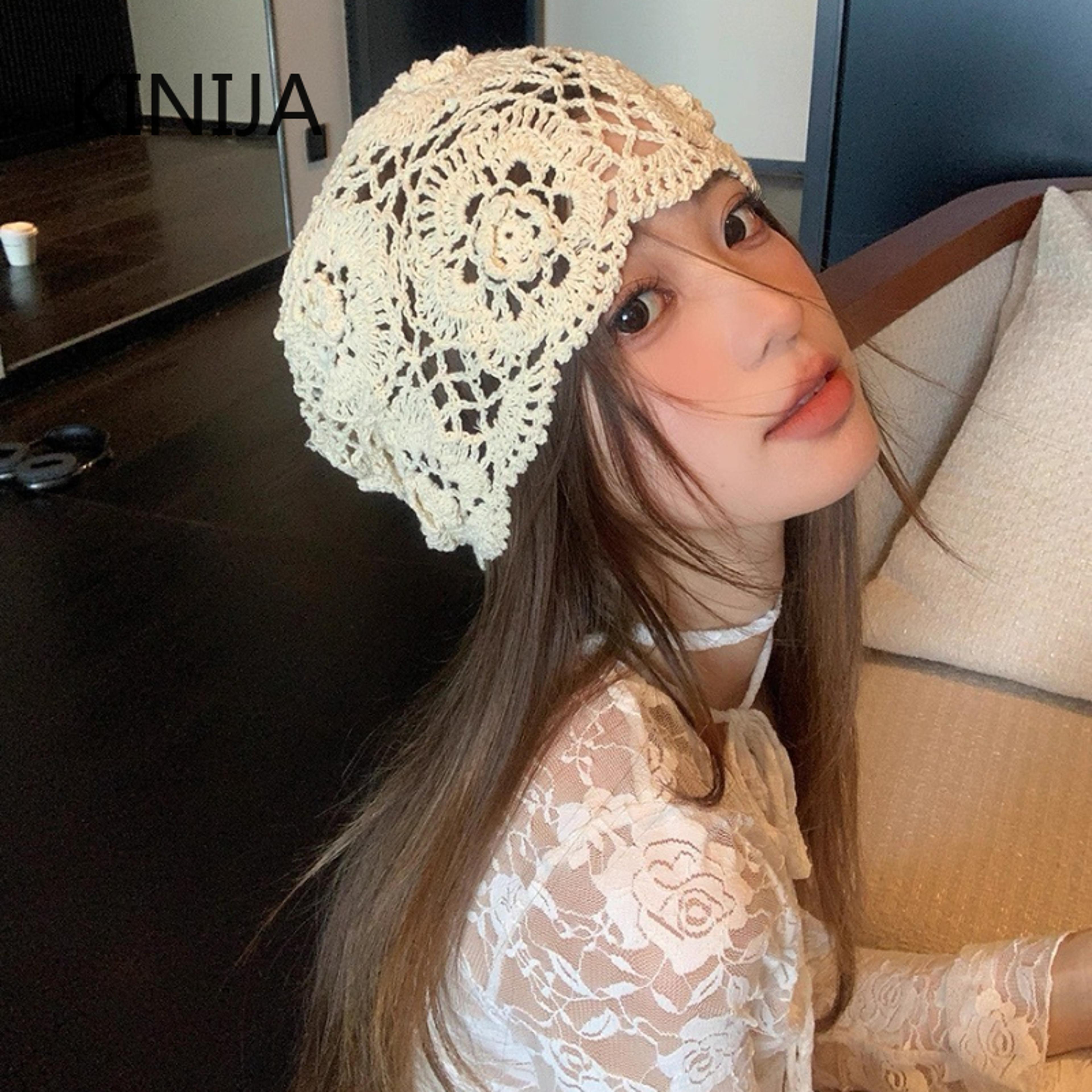 Handmade Crochet Flower Beanie  Artistic Boho Summer Knit Cap 2