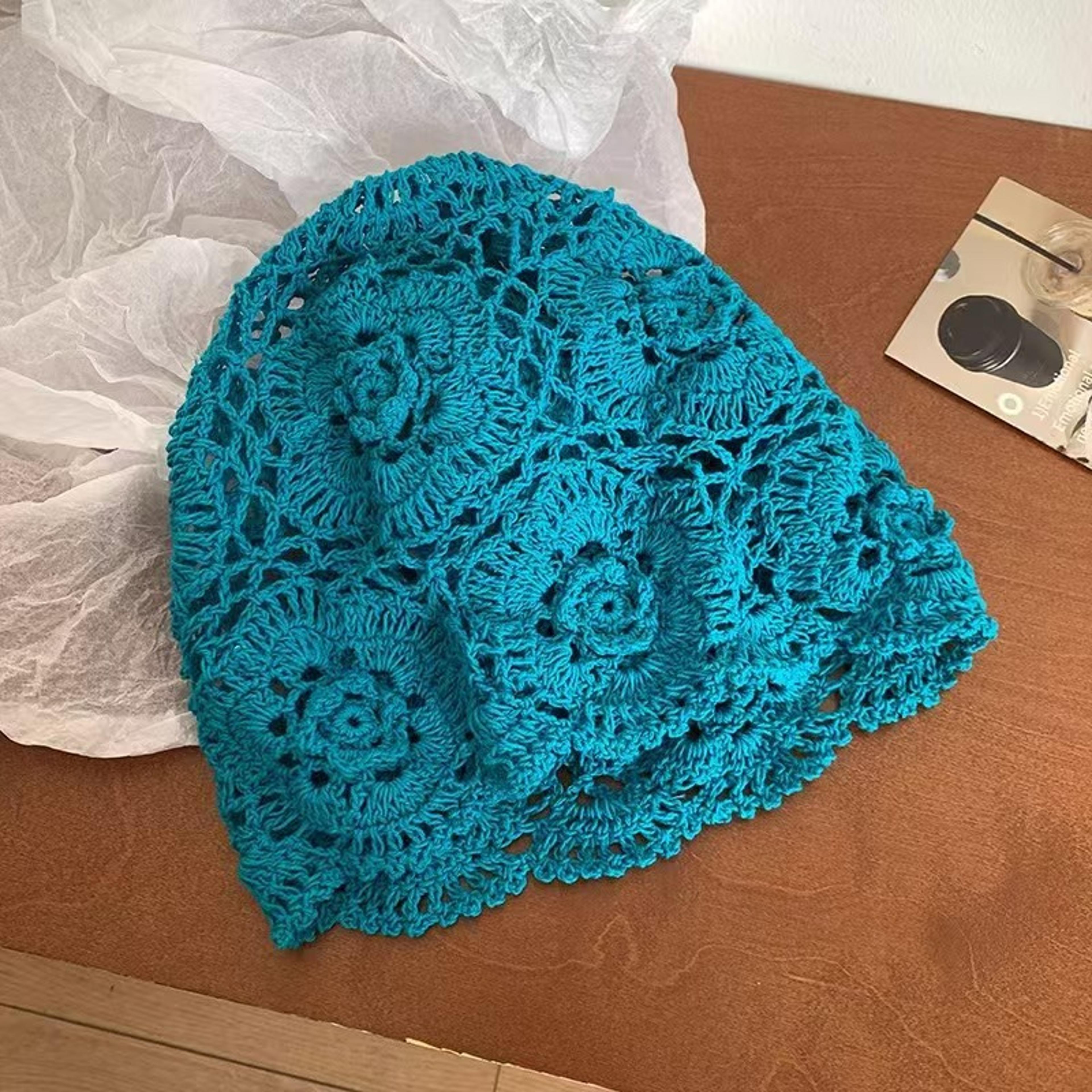 Handmade Crochet Flower Beanie  Artistic Boho Summer Knit Cap 6
