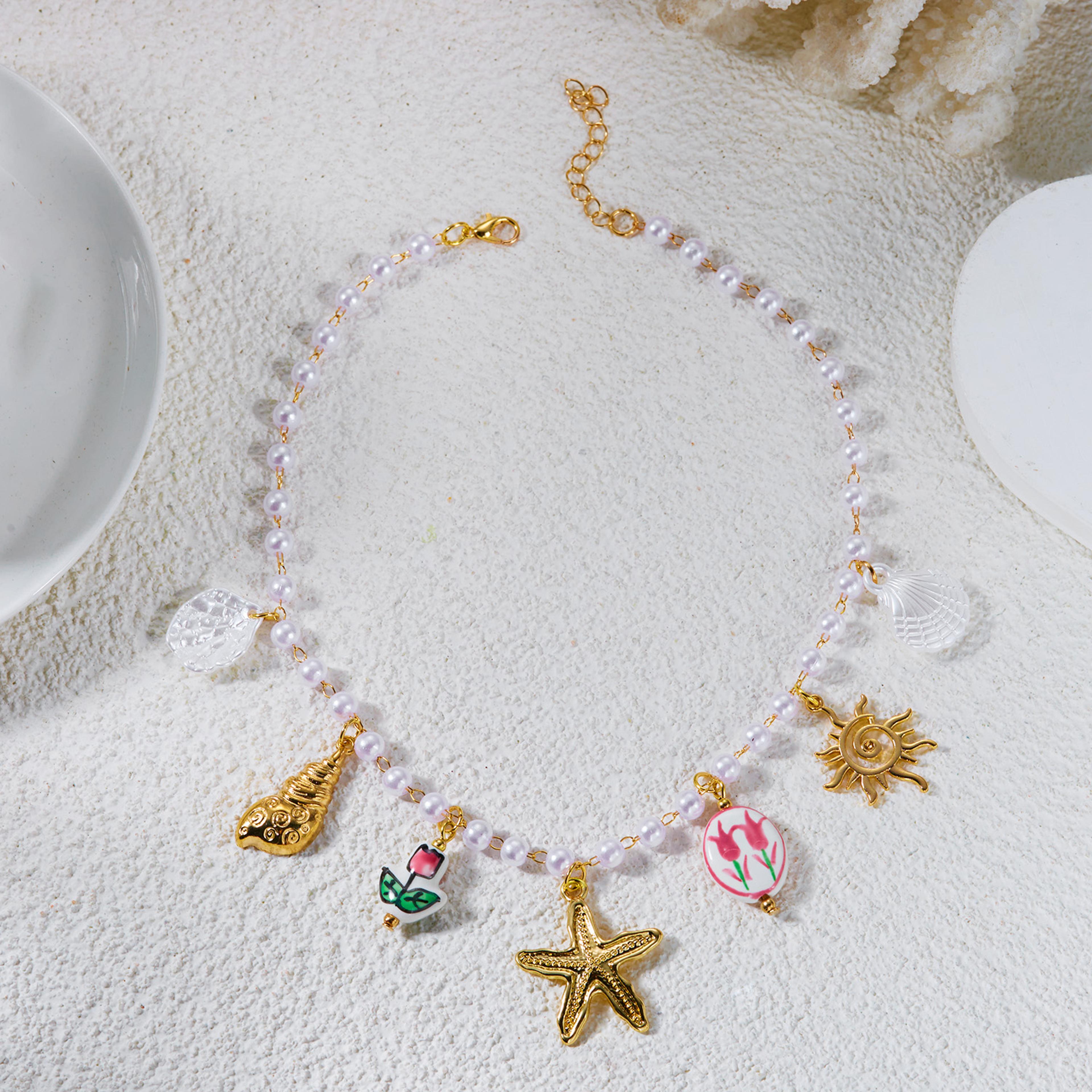 Gold Starfish And Shell Boho Pearl Choker Necklace For Beach Vacation 5