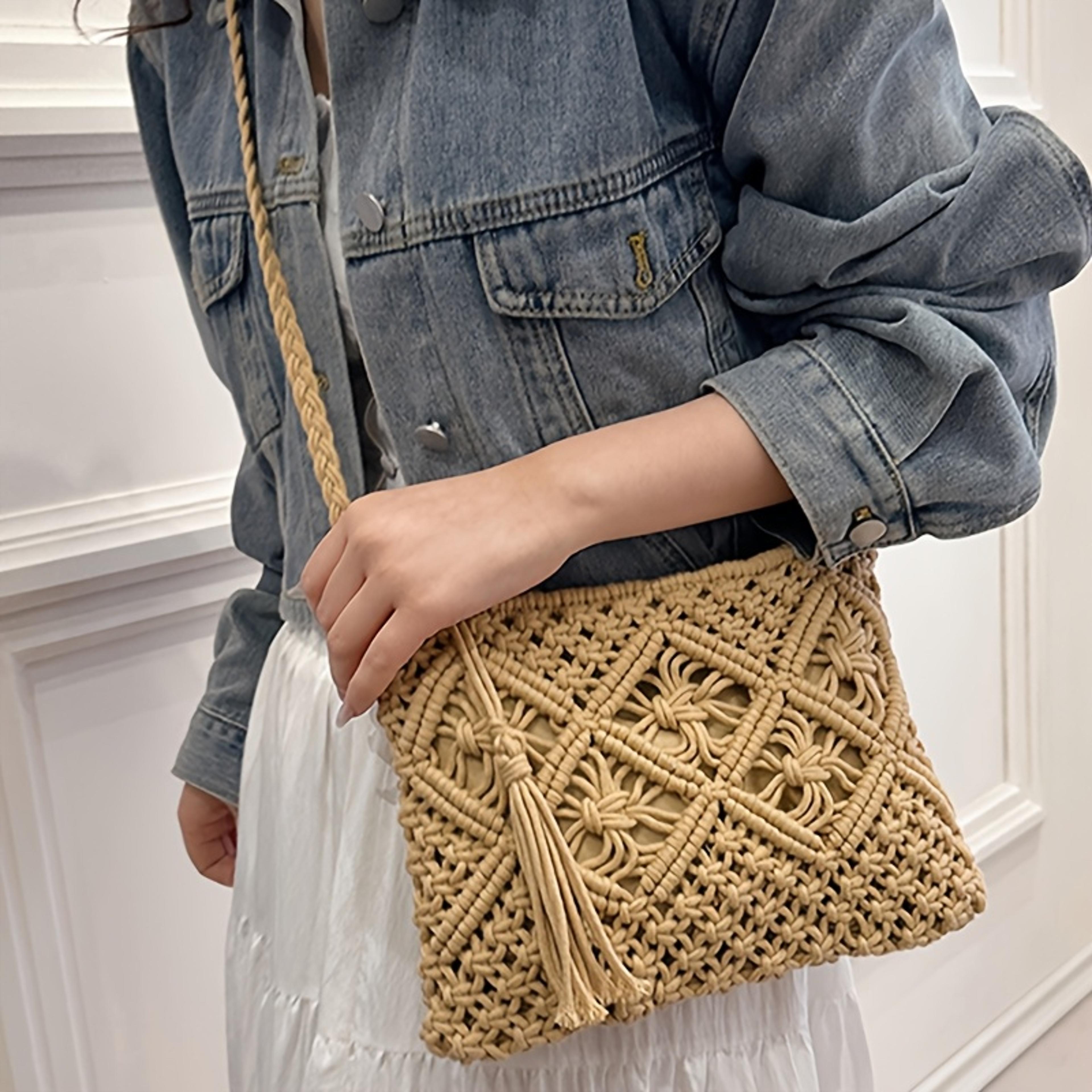 boho crochet bag: lightweight summer beach tote and woven shoulder purse for women