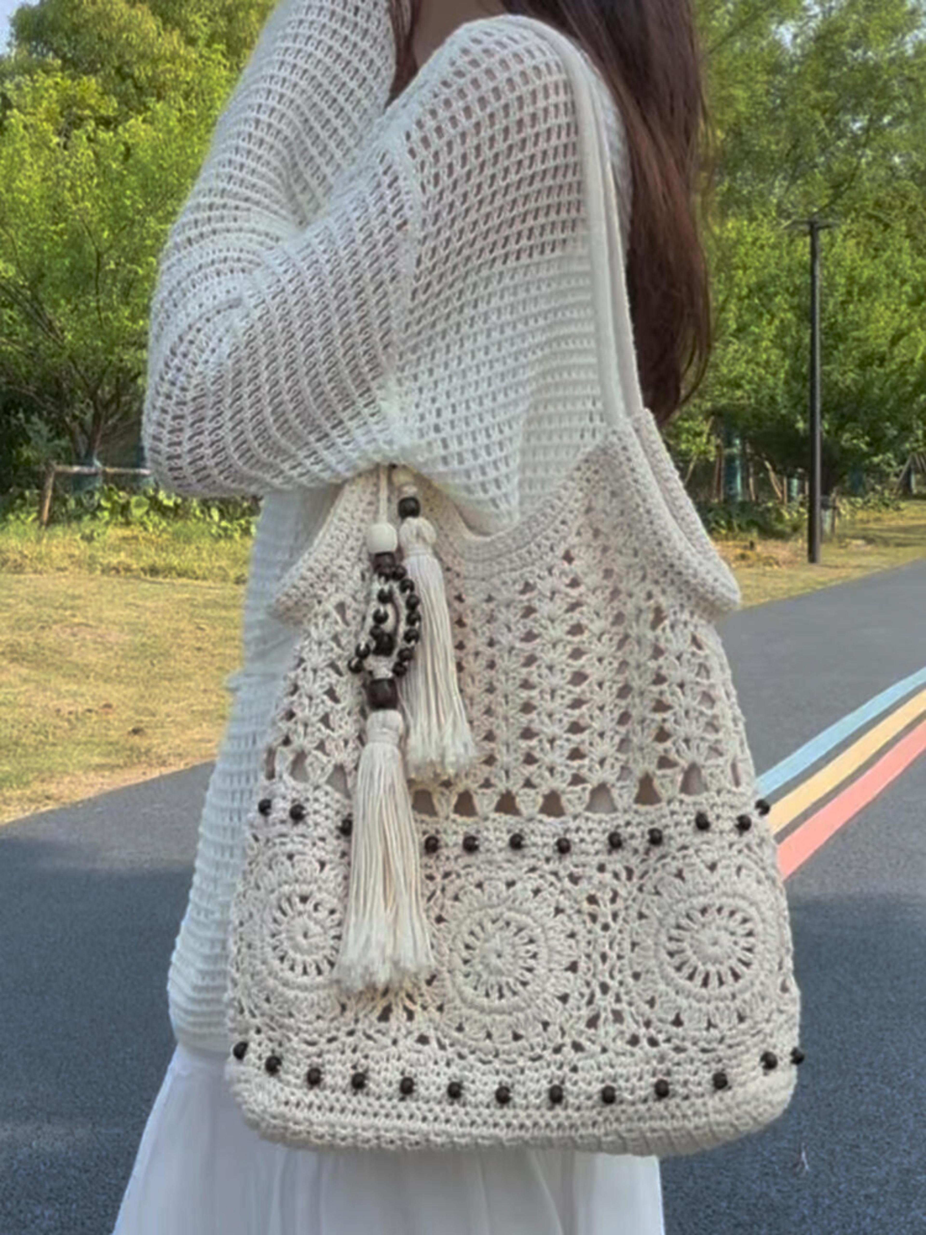 hylhexyr bohemian tote bag: cotton woven shoulder bag with wooden bead tassel