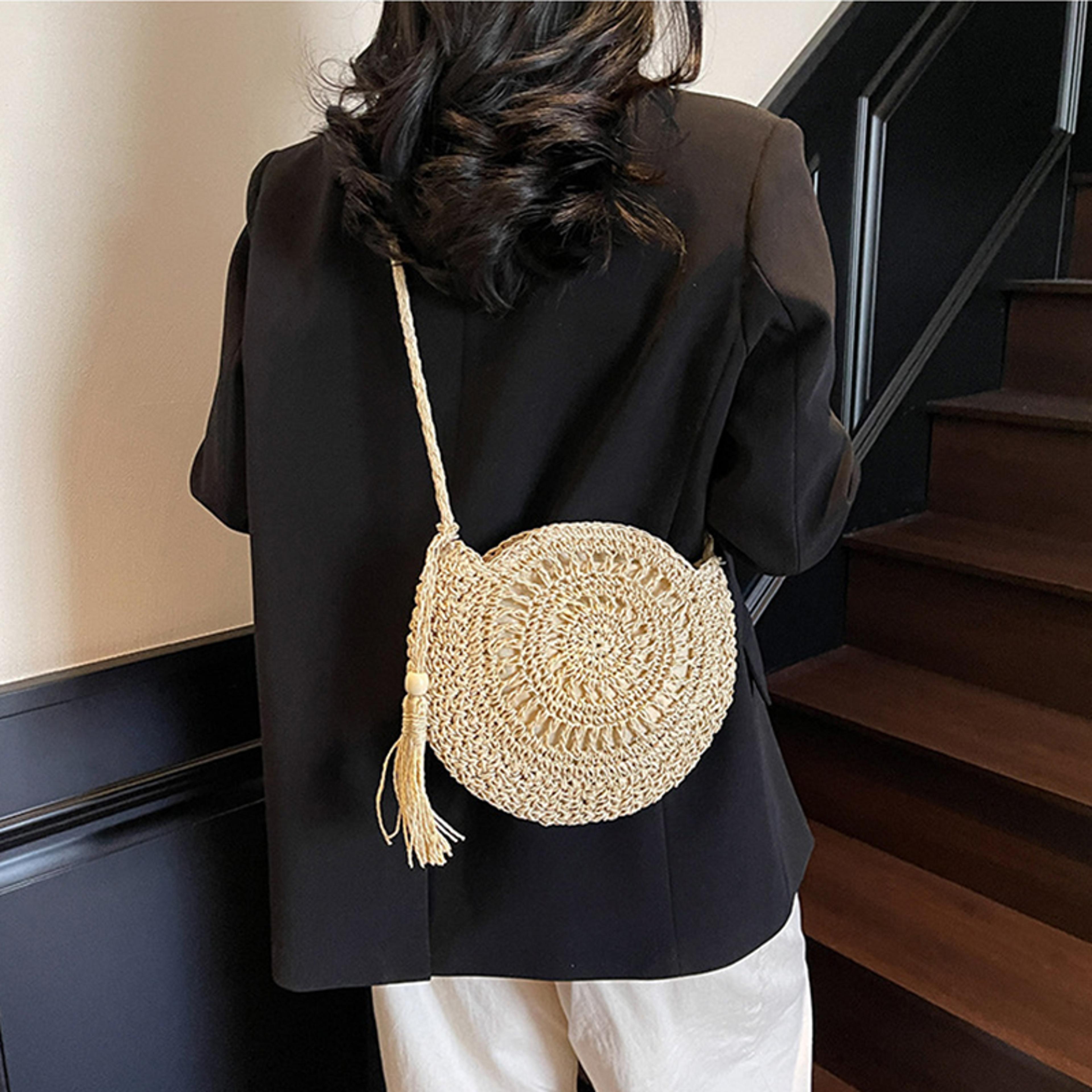 Handmade Round Straw Crossbody Bag With Tassel Detail 2