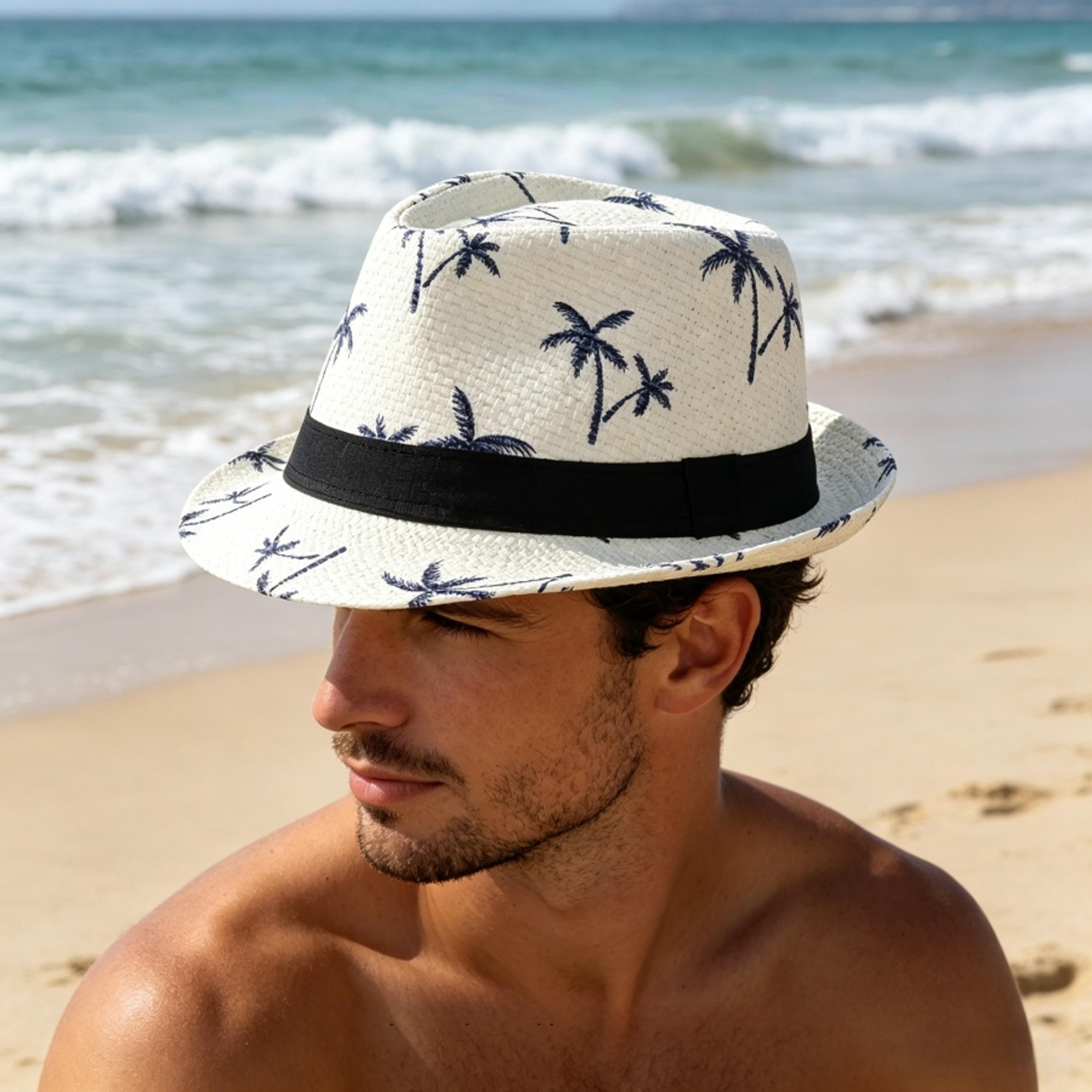 coconut tree print straw jazz hat for men