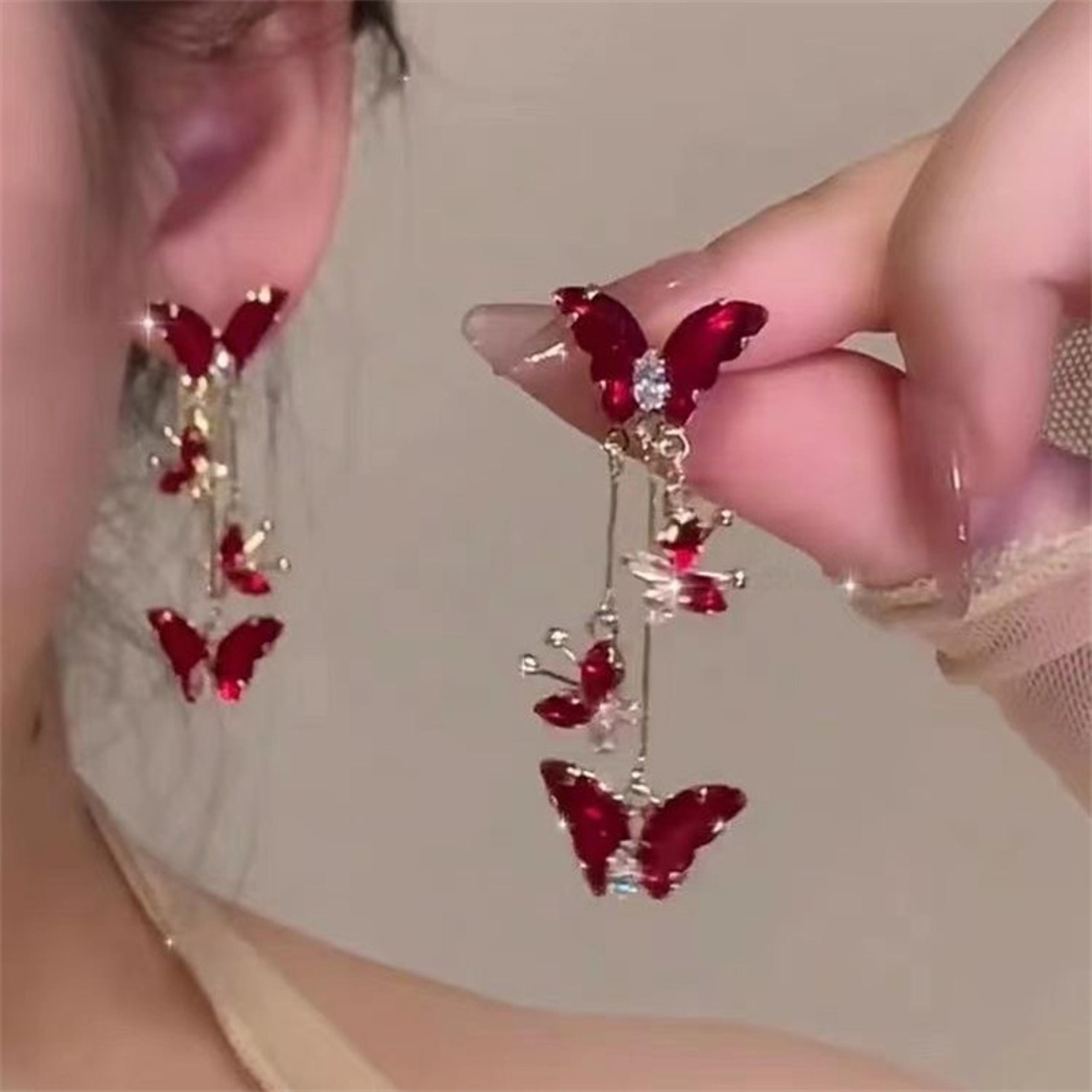 Red Zircon Butterfly Drop Earrings For Women 7