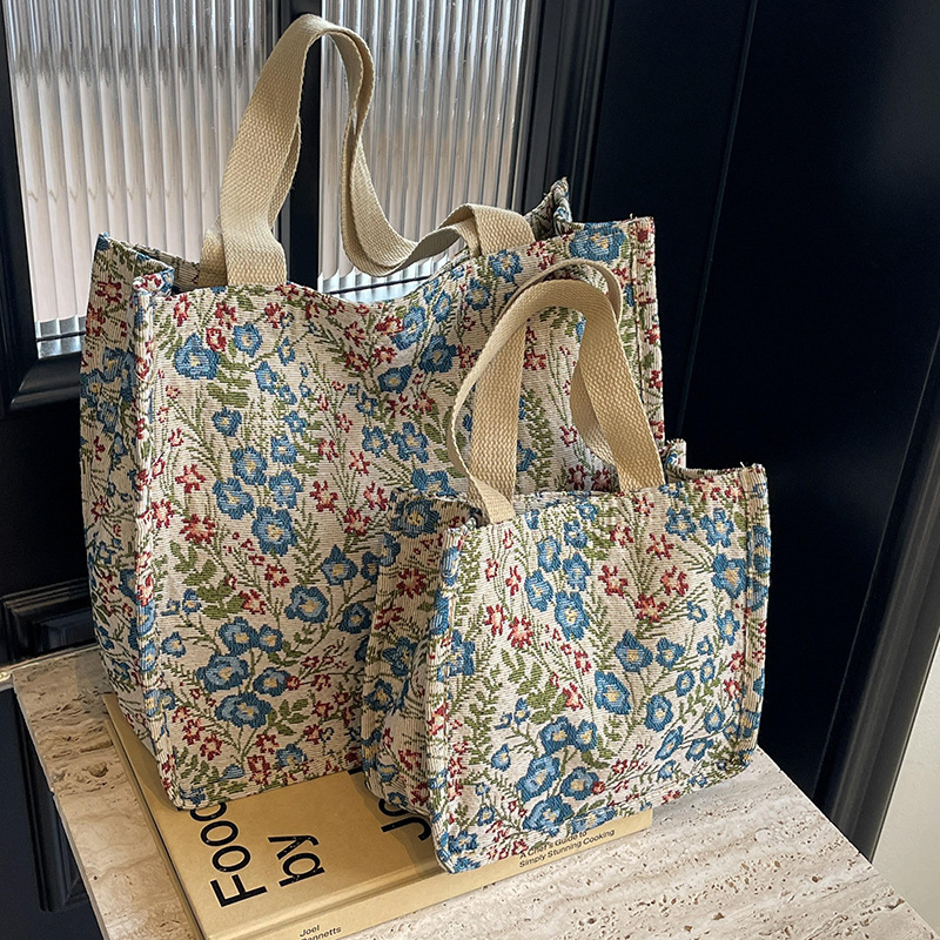Floral Flax Tote Bag Large Capacity Casual Handbag And Lunch Carrier 2