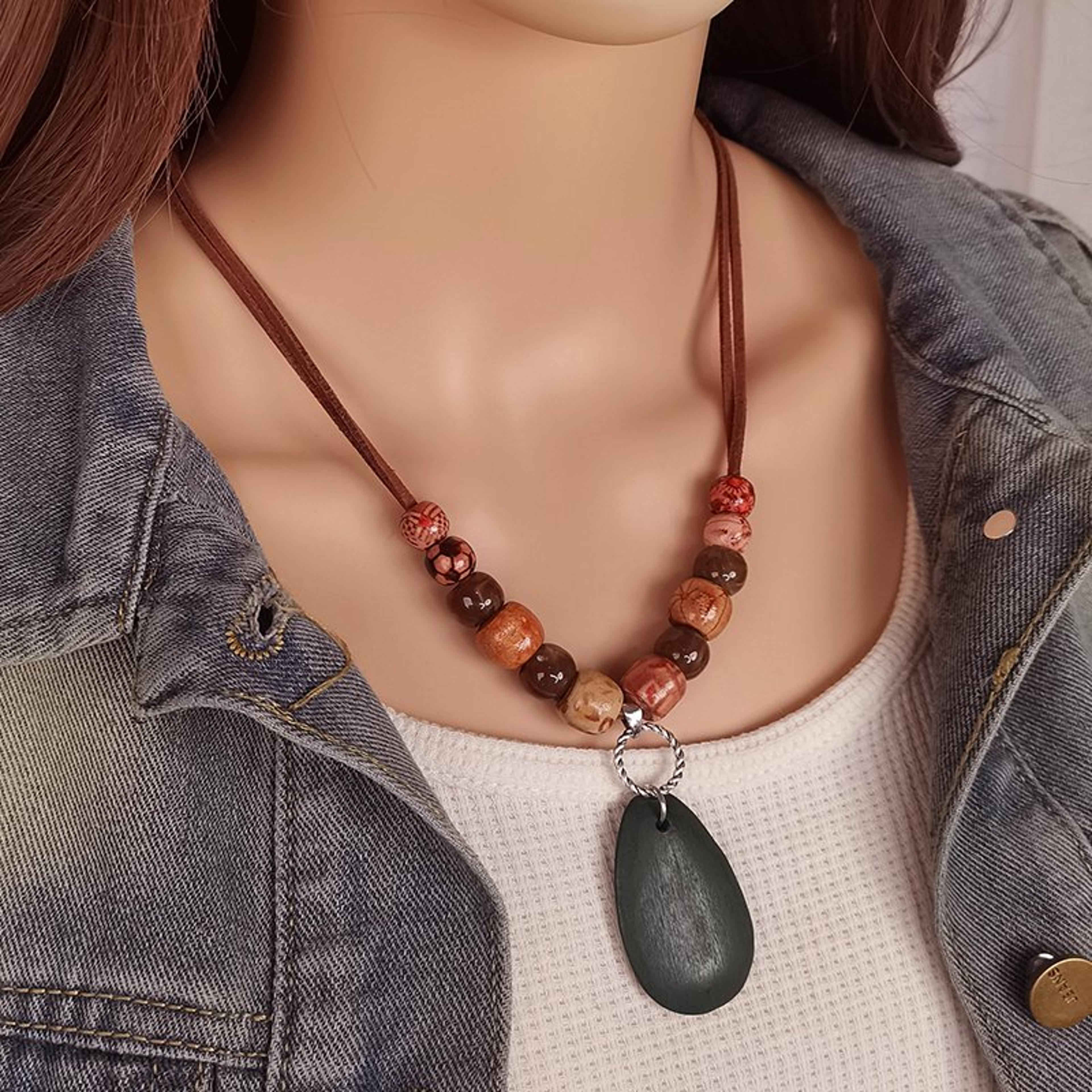 Handmade Wooden Beaded Necklace With Ethnic Totem Pendant 1
