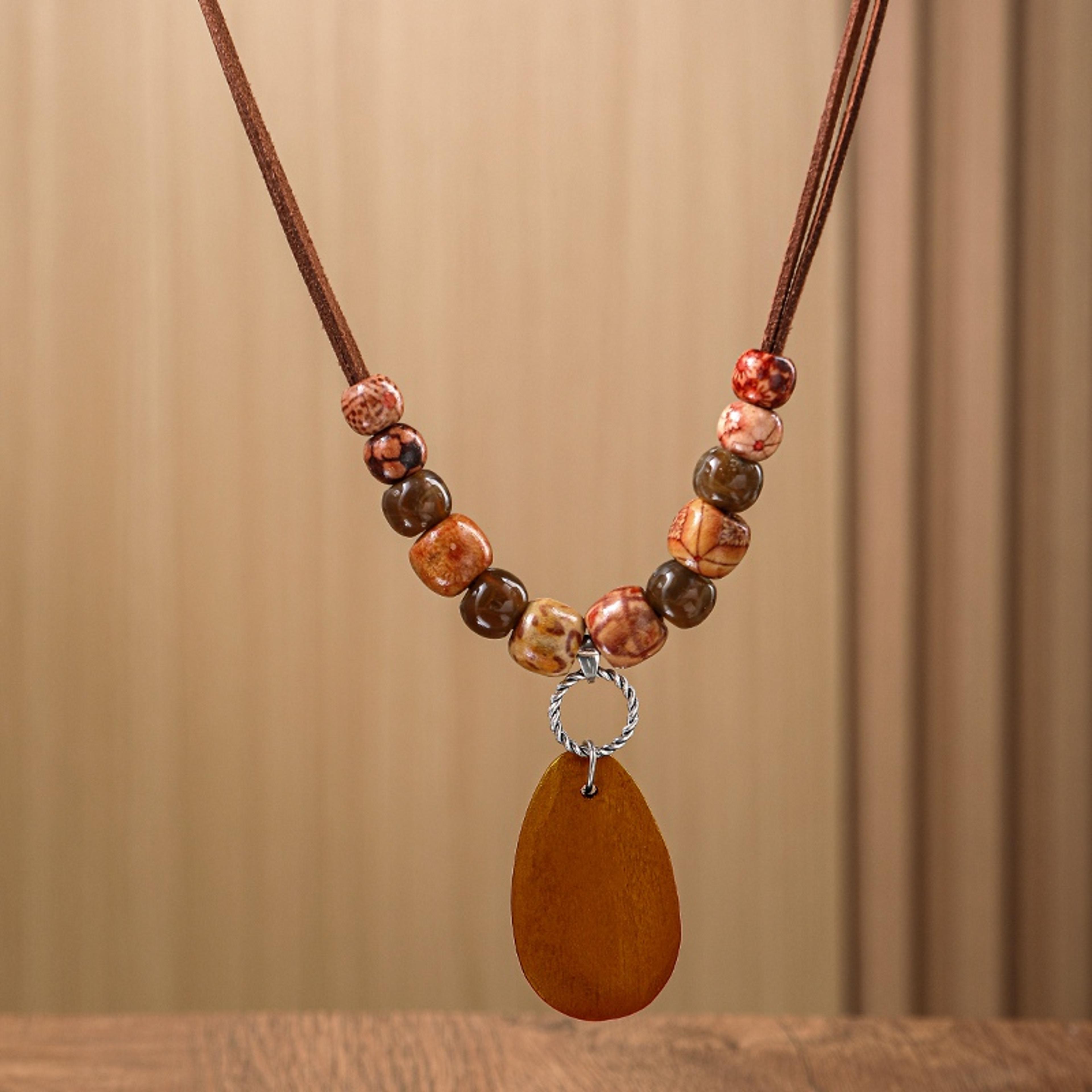Handmade Wooden Beaded Necklace With Ethnic Totem Pendant 3