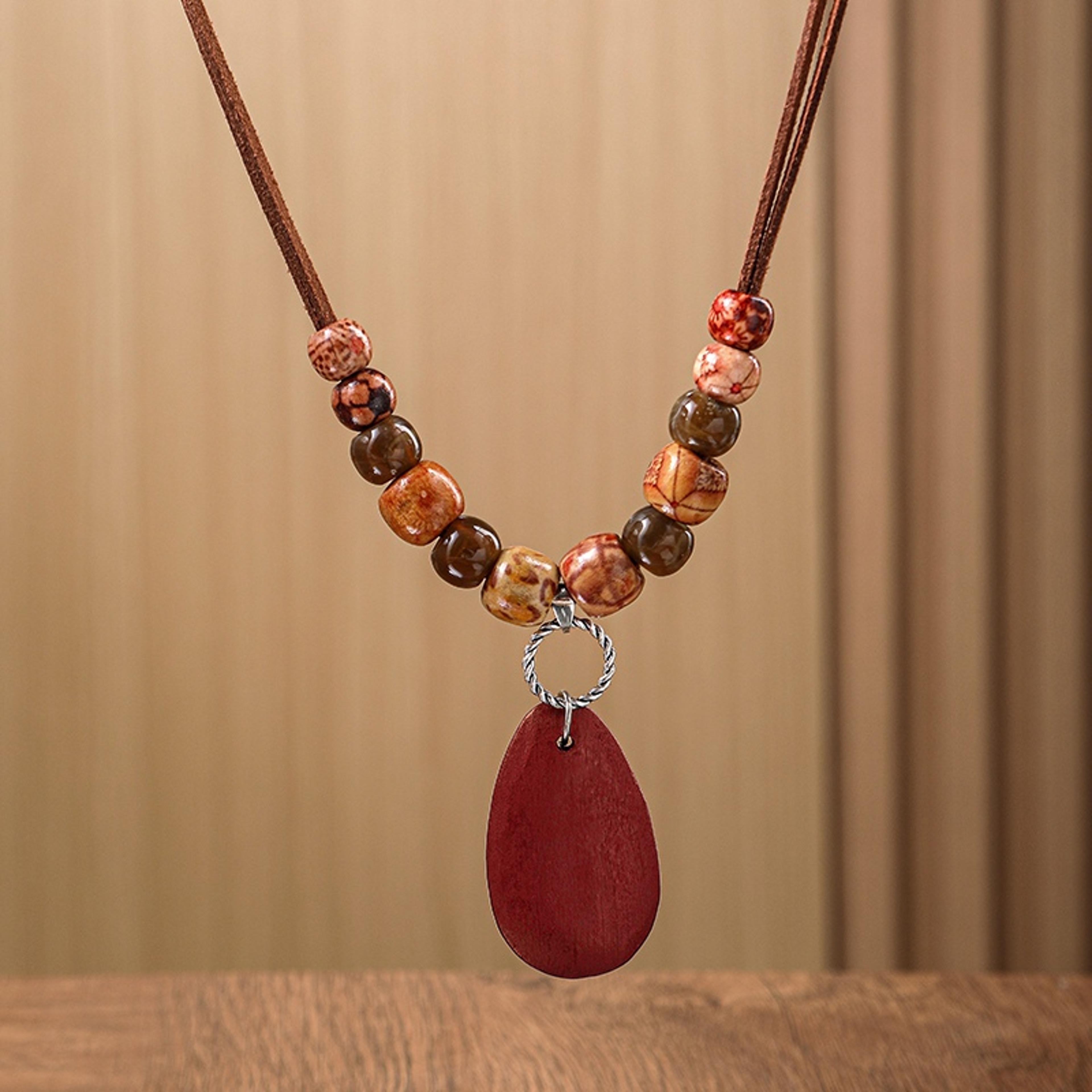 Handmade Wooden Beaded Necklace With Ethnic Totem Pendant 4