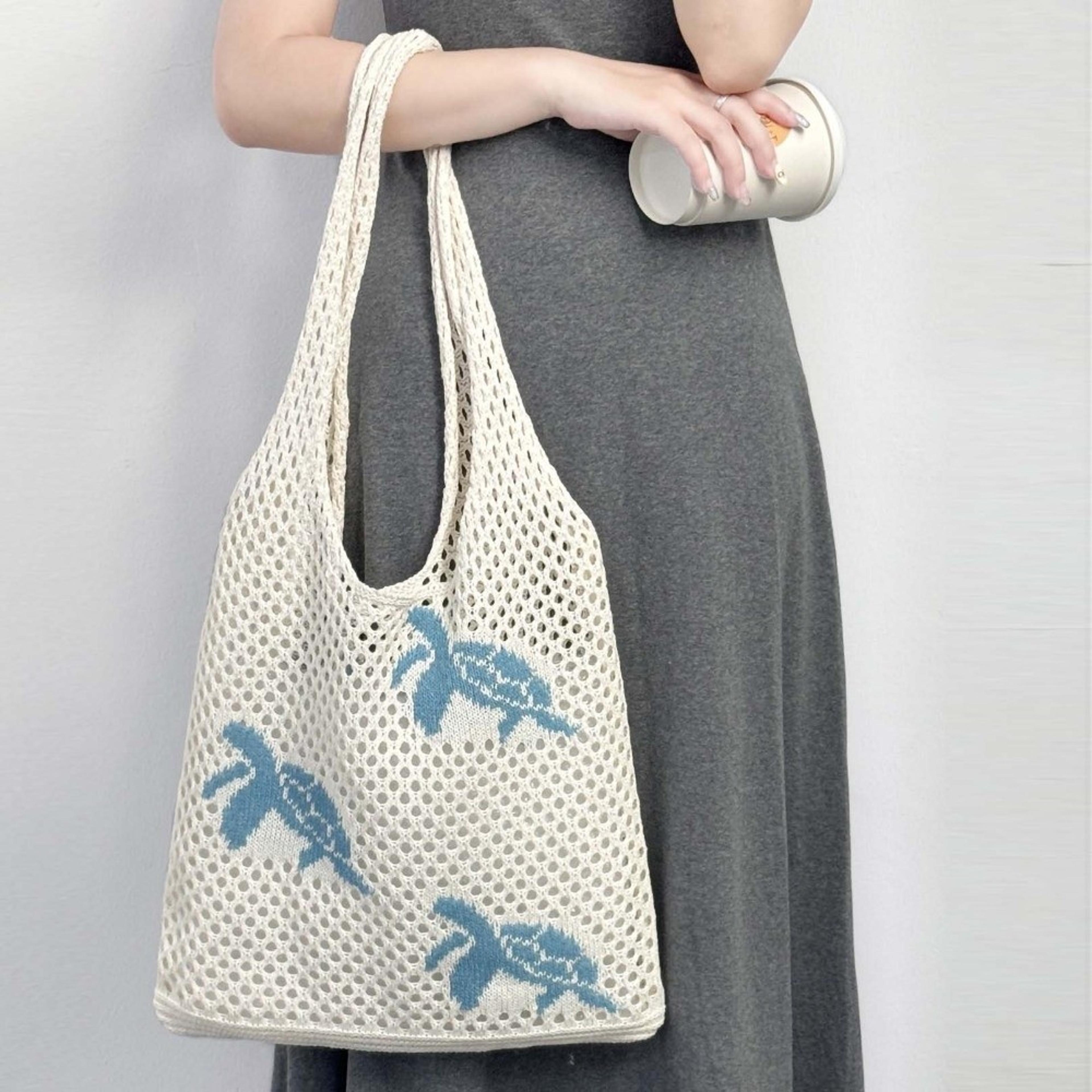 Korean Style Crochet Tote Bag With Turtle Embroidery 2