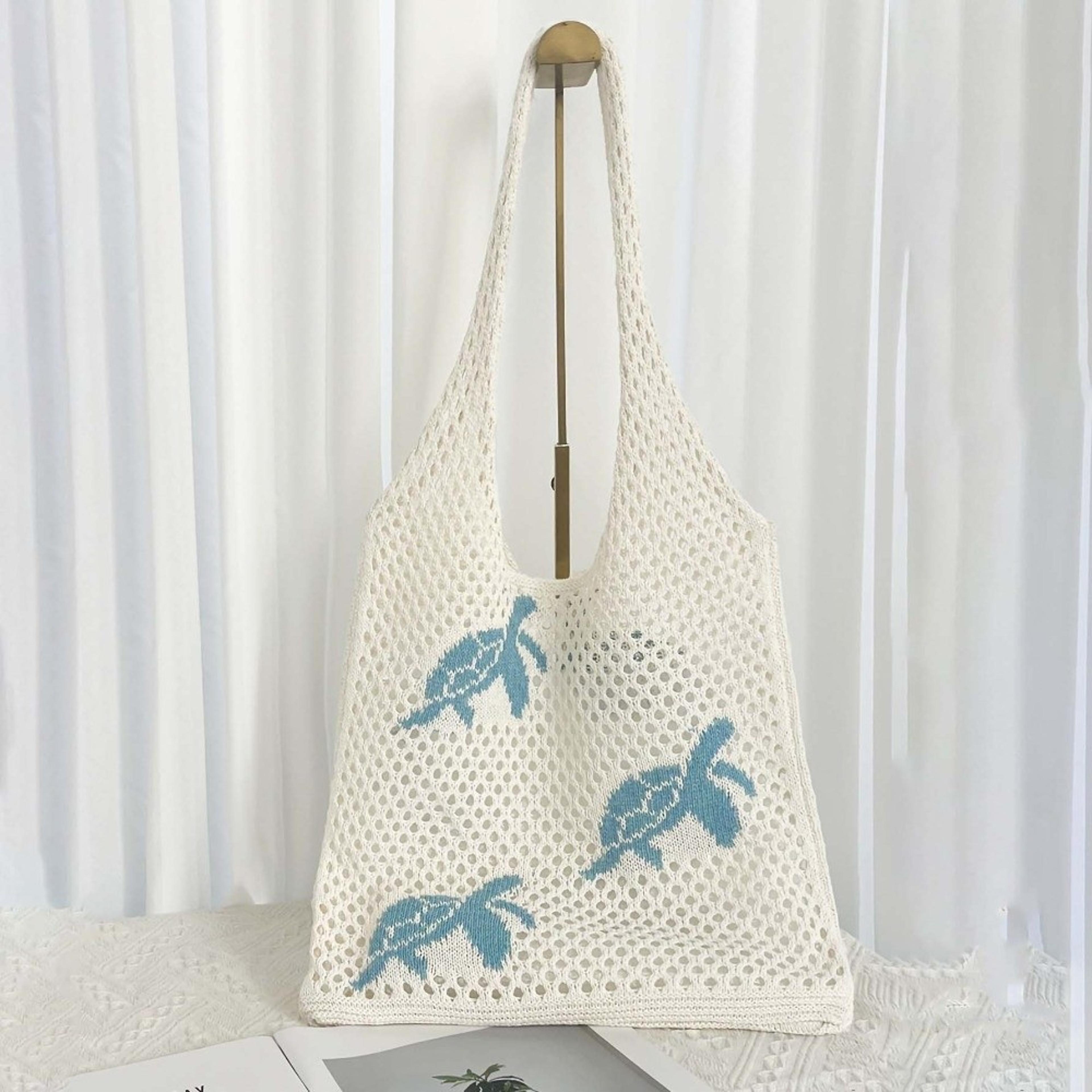 Korean Style Crochet Tote Bag With Turtle Embroidery 3