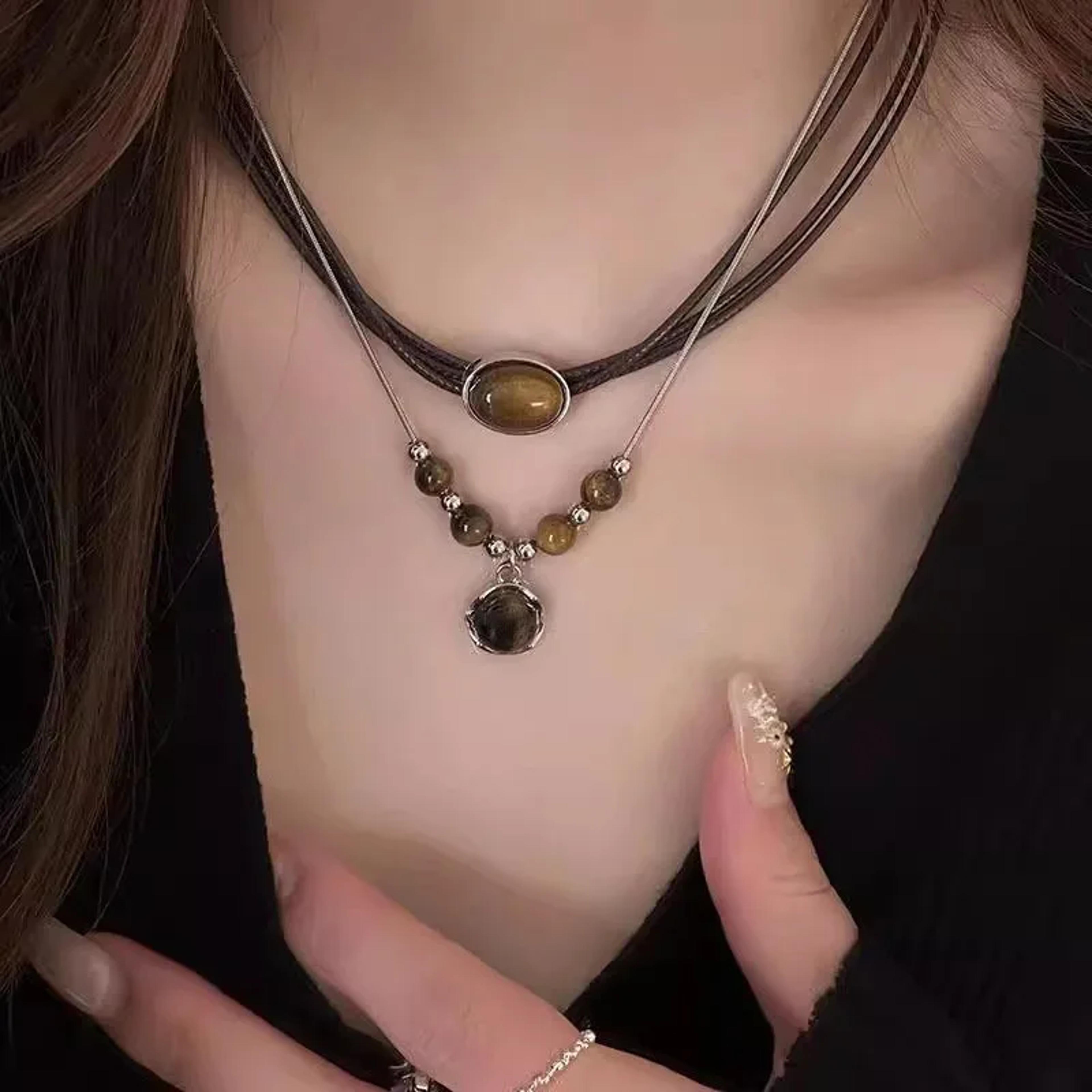 vintage leather brown stone pendant necklace