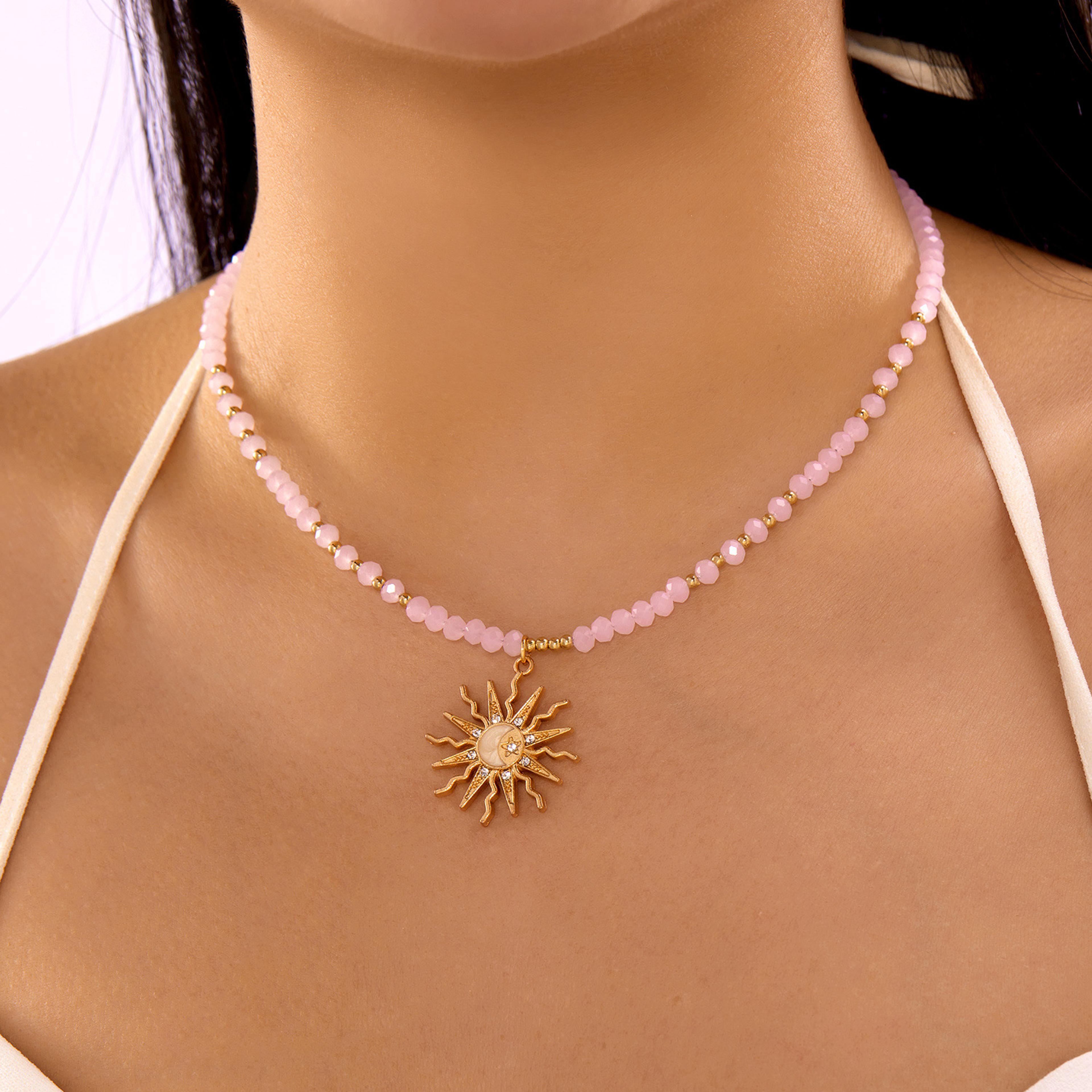 Retro GoldenToned Sun Pendant Necklace For Women Elegant Turquoise Beads Chain Choker Neck Statemen 9