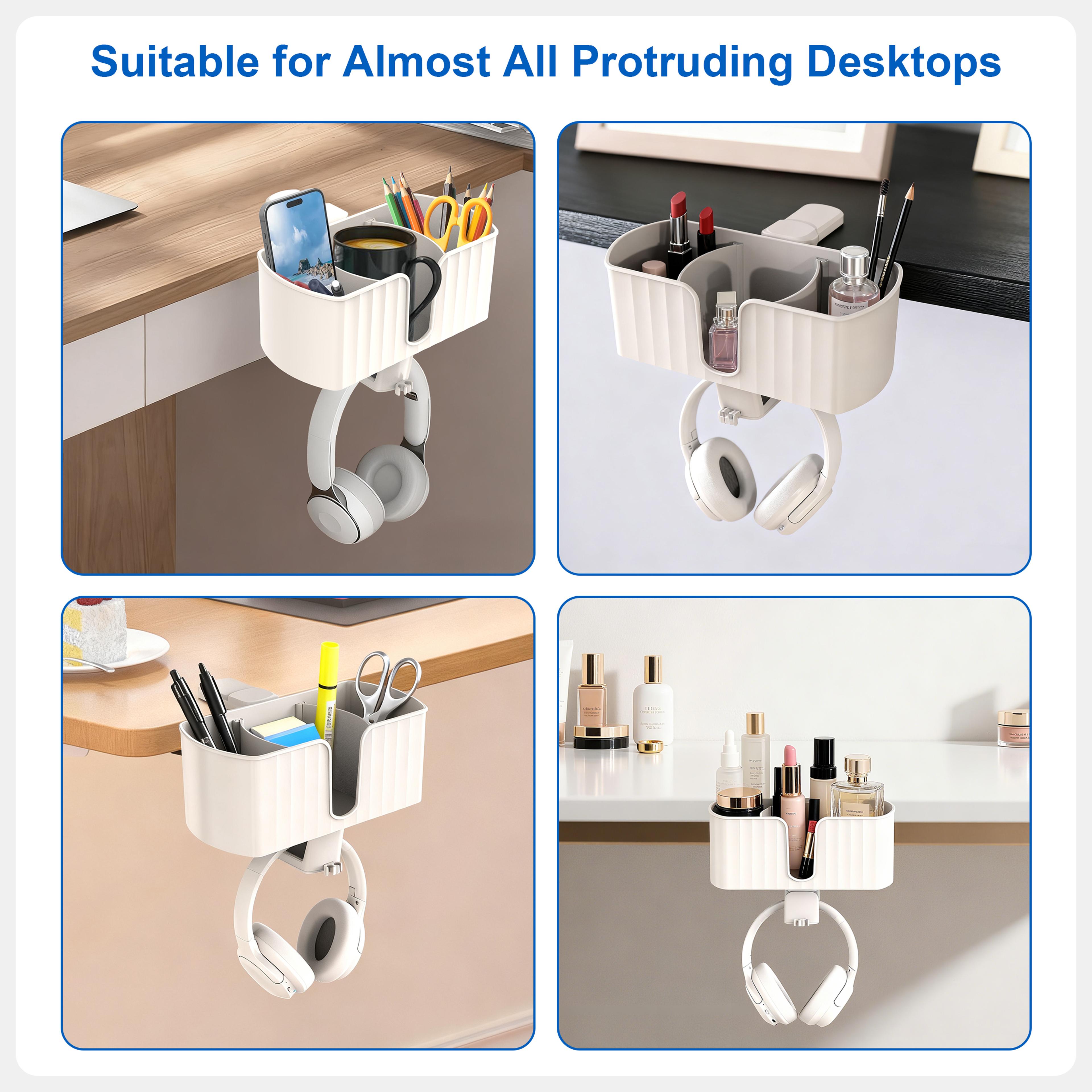 Rotating Under Desk Cup Holder And Headphone Hanger With Wire Holes For Phone Pen And Cup 5