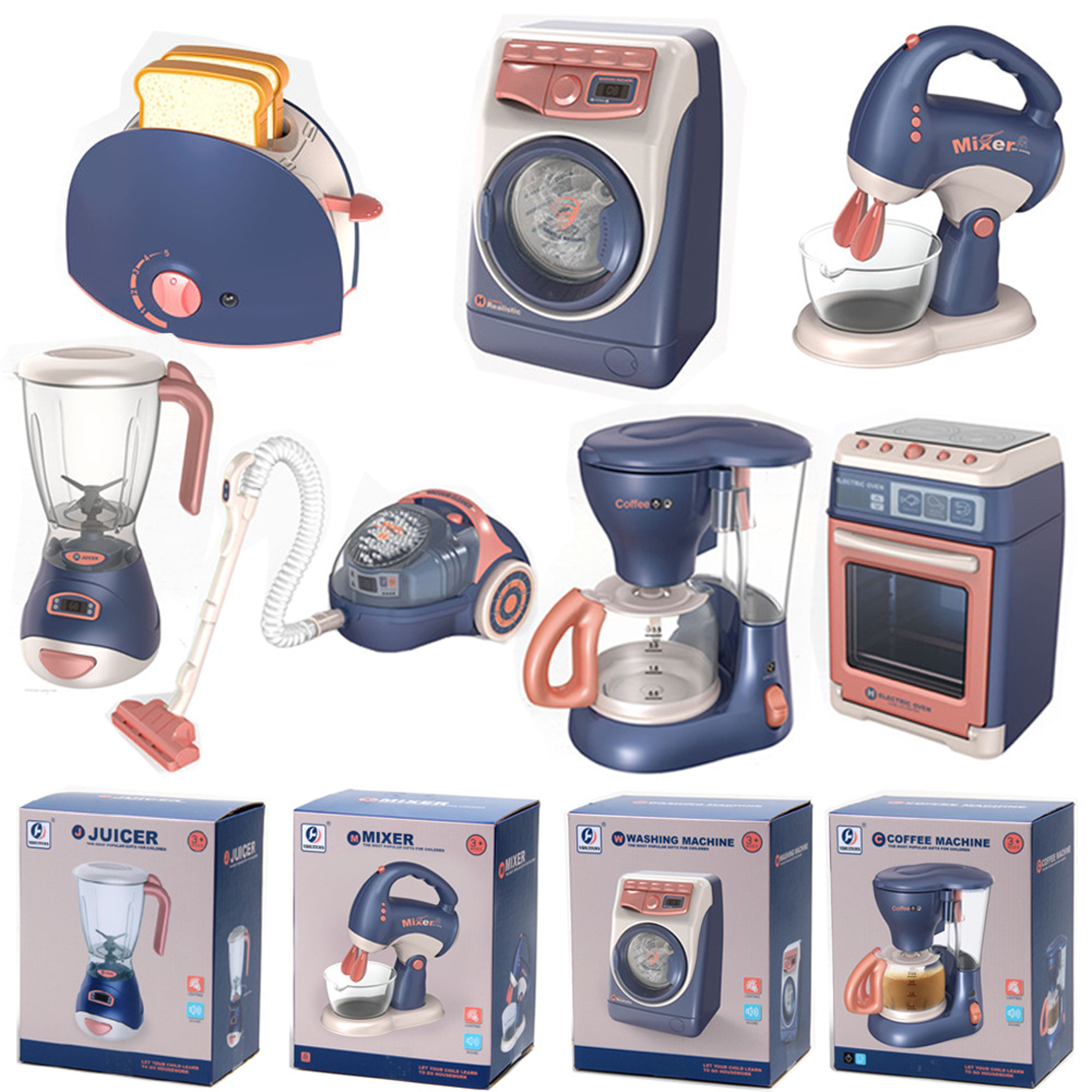 electric vacuum cleaner, household juicer dispenser, pretend kitchen play toys, water sweeper, washing machine with ligh