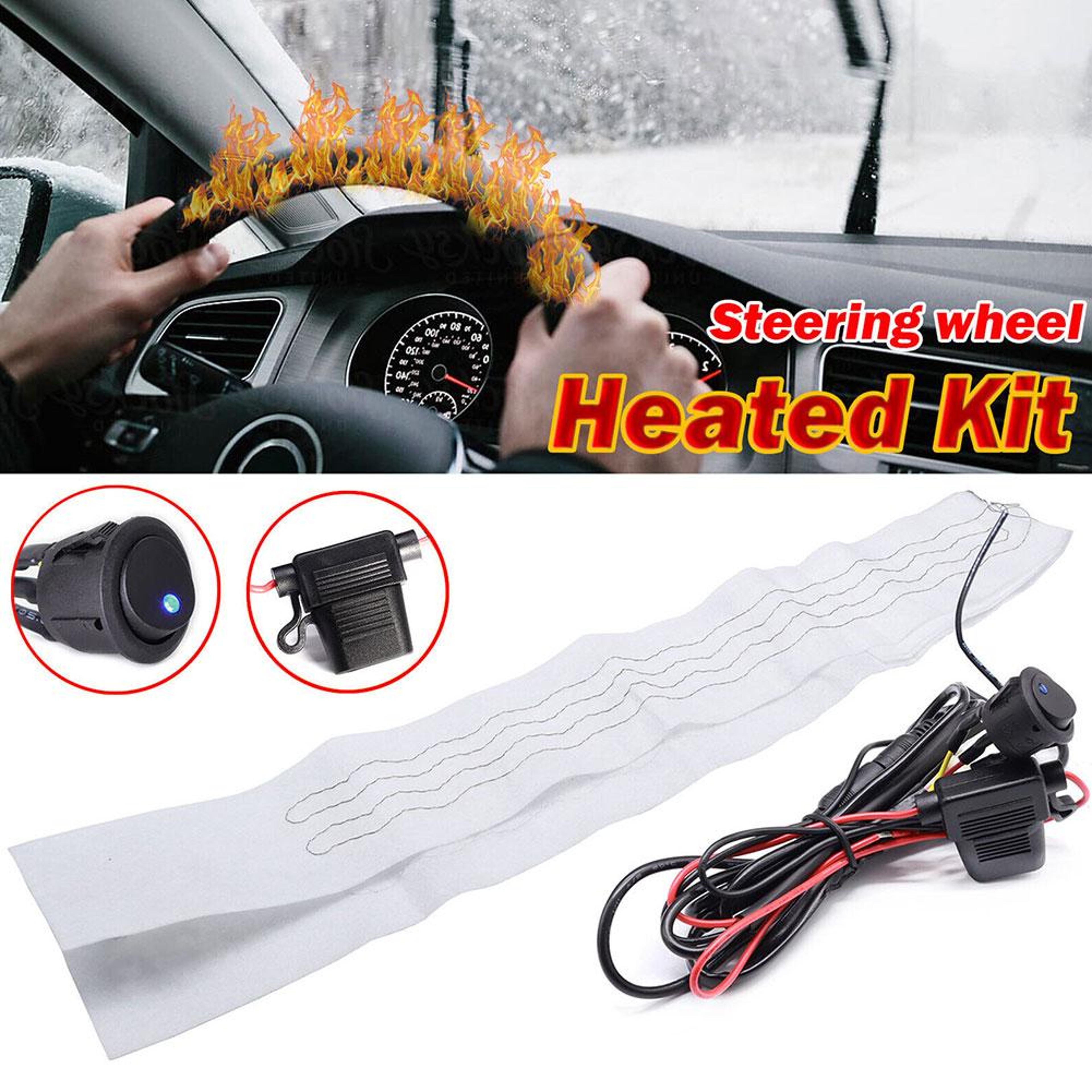 Car Steering Wheel Heater Kit  Red LED Carbon Fiber Heating Pad With Wire Harness For Comfortable W 4