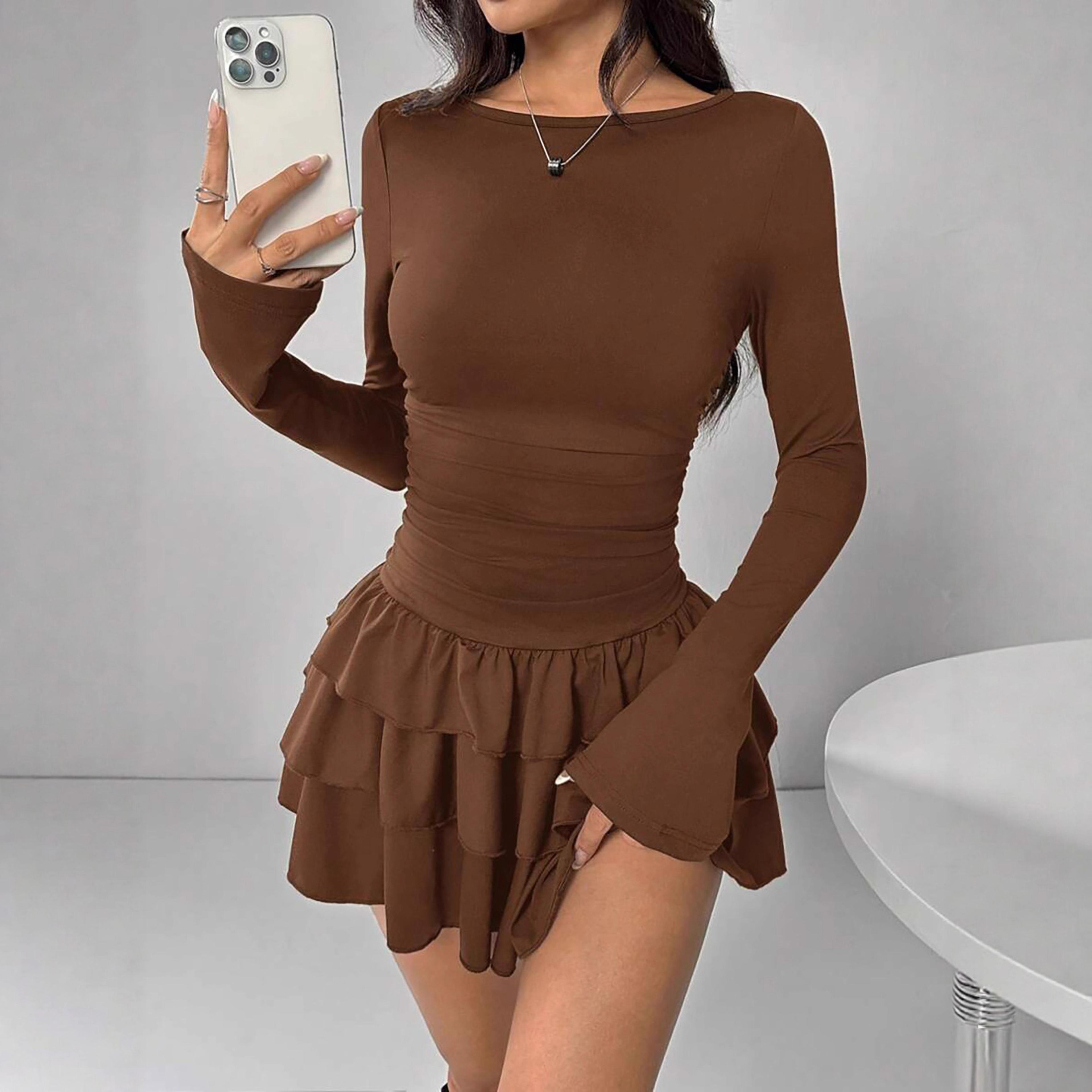 Elegant Slim Fit Mini Dress With Cascading Ruffles And Flare Sleeves  Perfect For Winter Parties 5