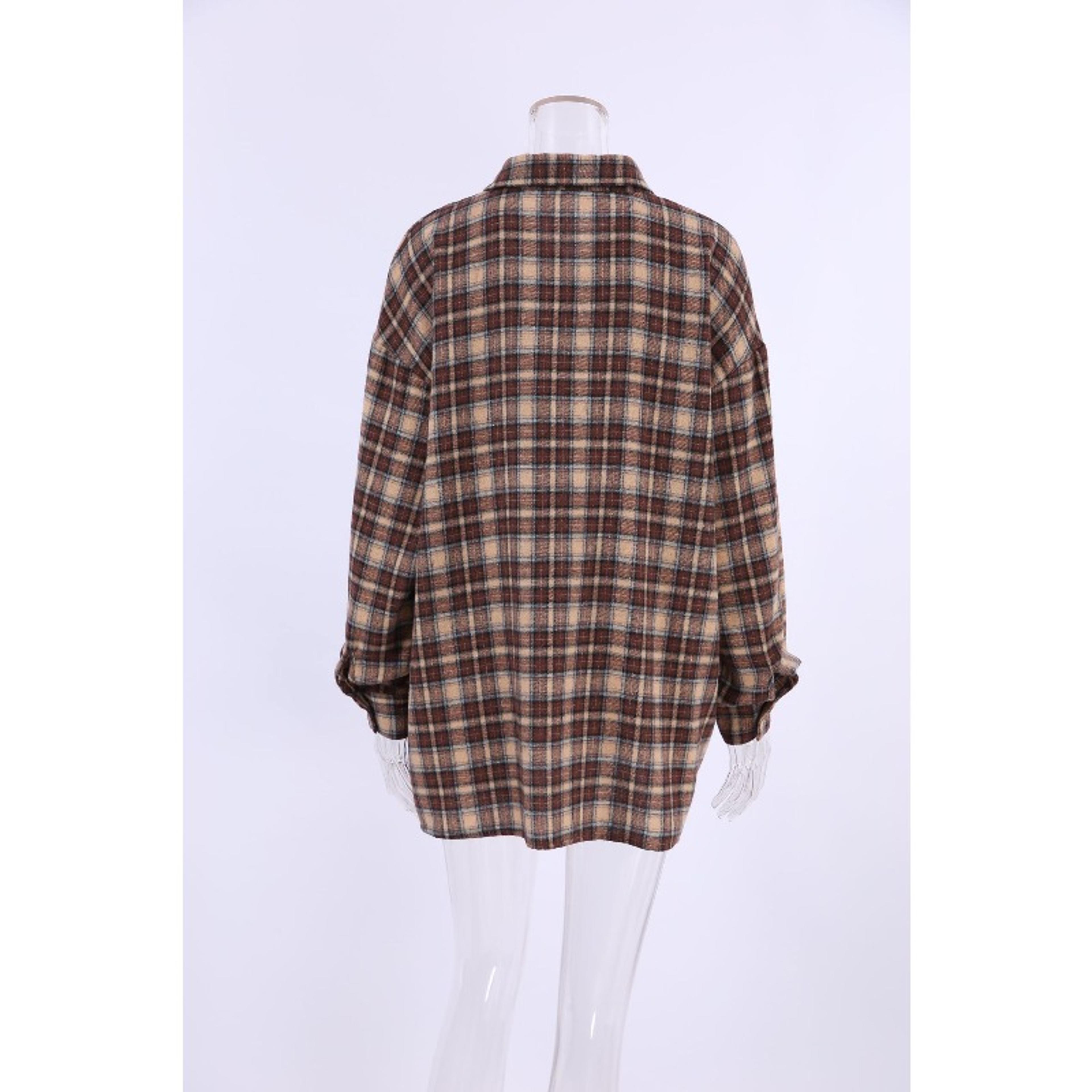 Cozy Casual Plaid Shirt For Women  Loose Winter Lapel Button Coat Vintage Khaki Full Sleeve Streetw 1