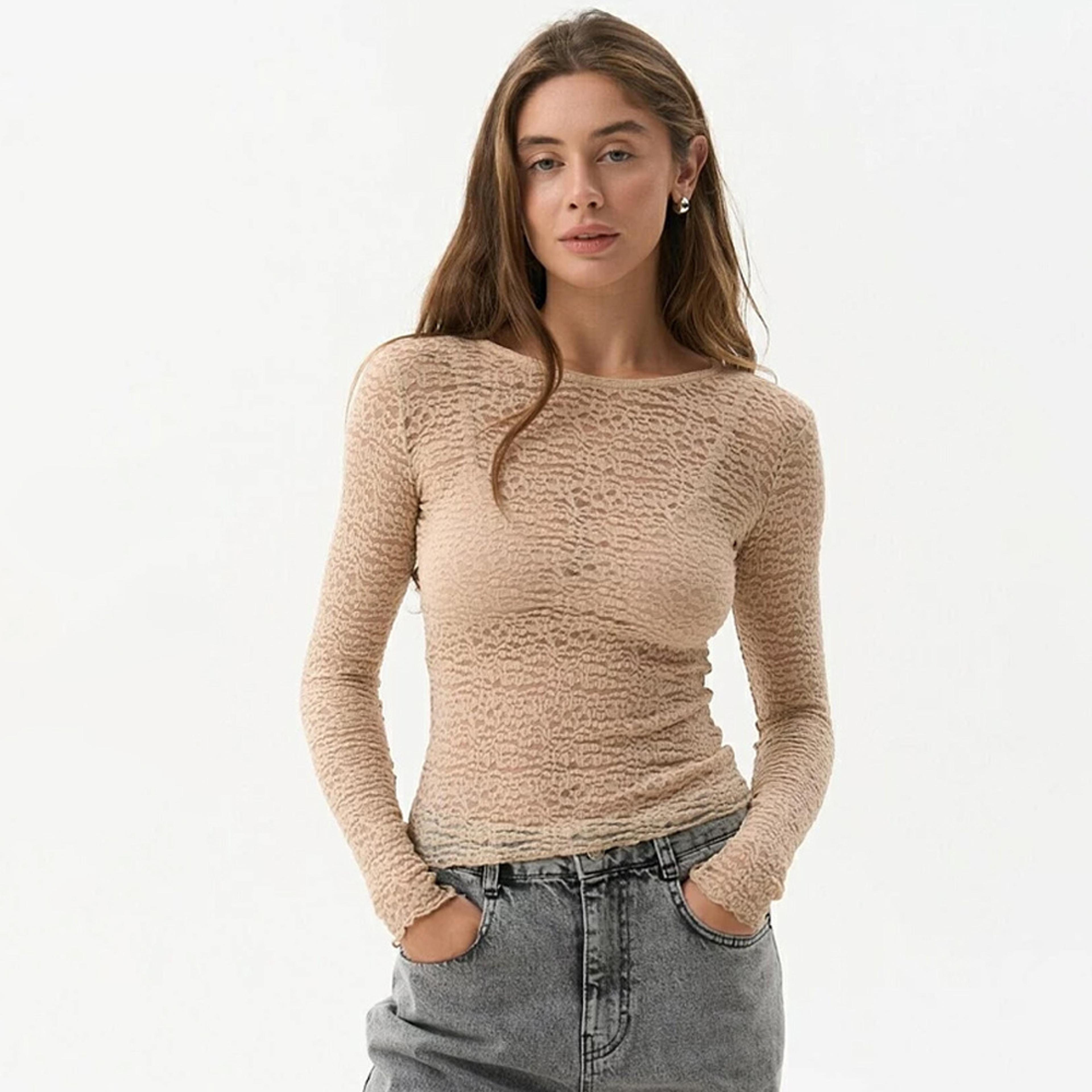 Women Sheer Lace Top Slim Fit Long Sleeve Round Neck Undershirt For Spring Casual Streetwear 0