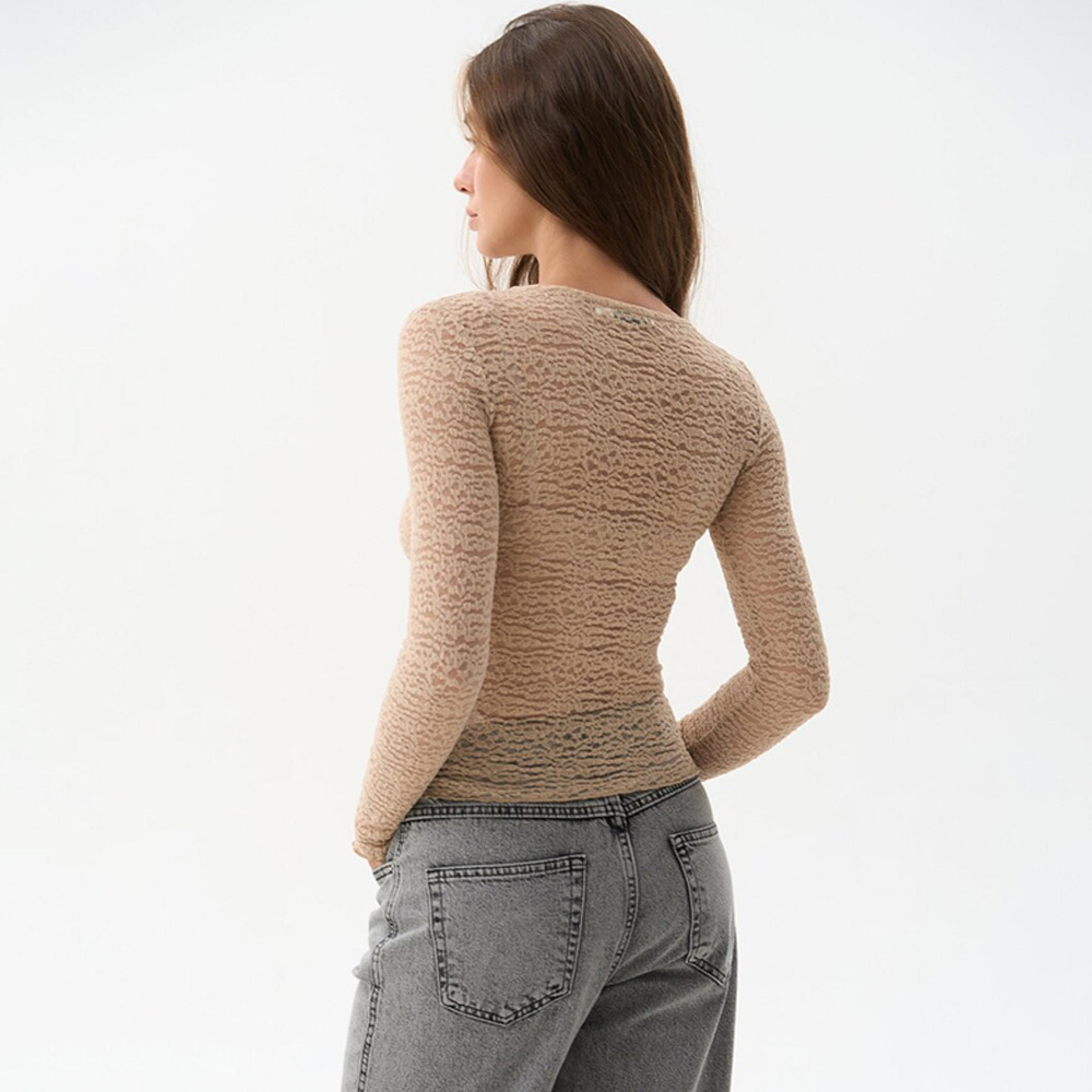 Women Sheer Lace Top Slim Fit Long Sleeve Round Neck Undershirt For Spring Casual Streetwear 1