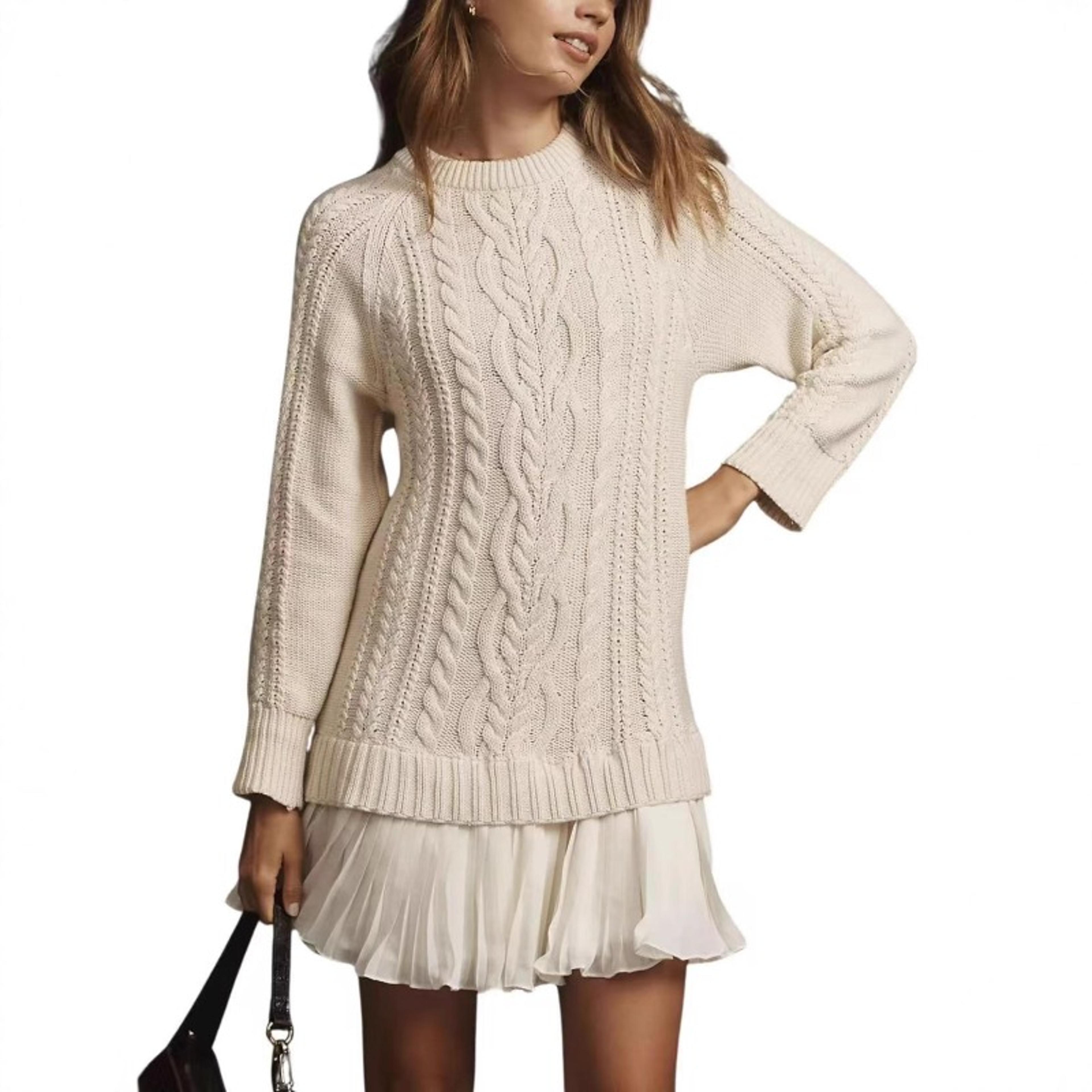Long Sleeve Twist Knitted Sweater Dress Ruffle Chiffon Pleated ALine Fall Dress For Women  Warm Pul 0