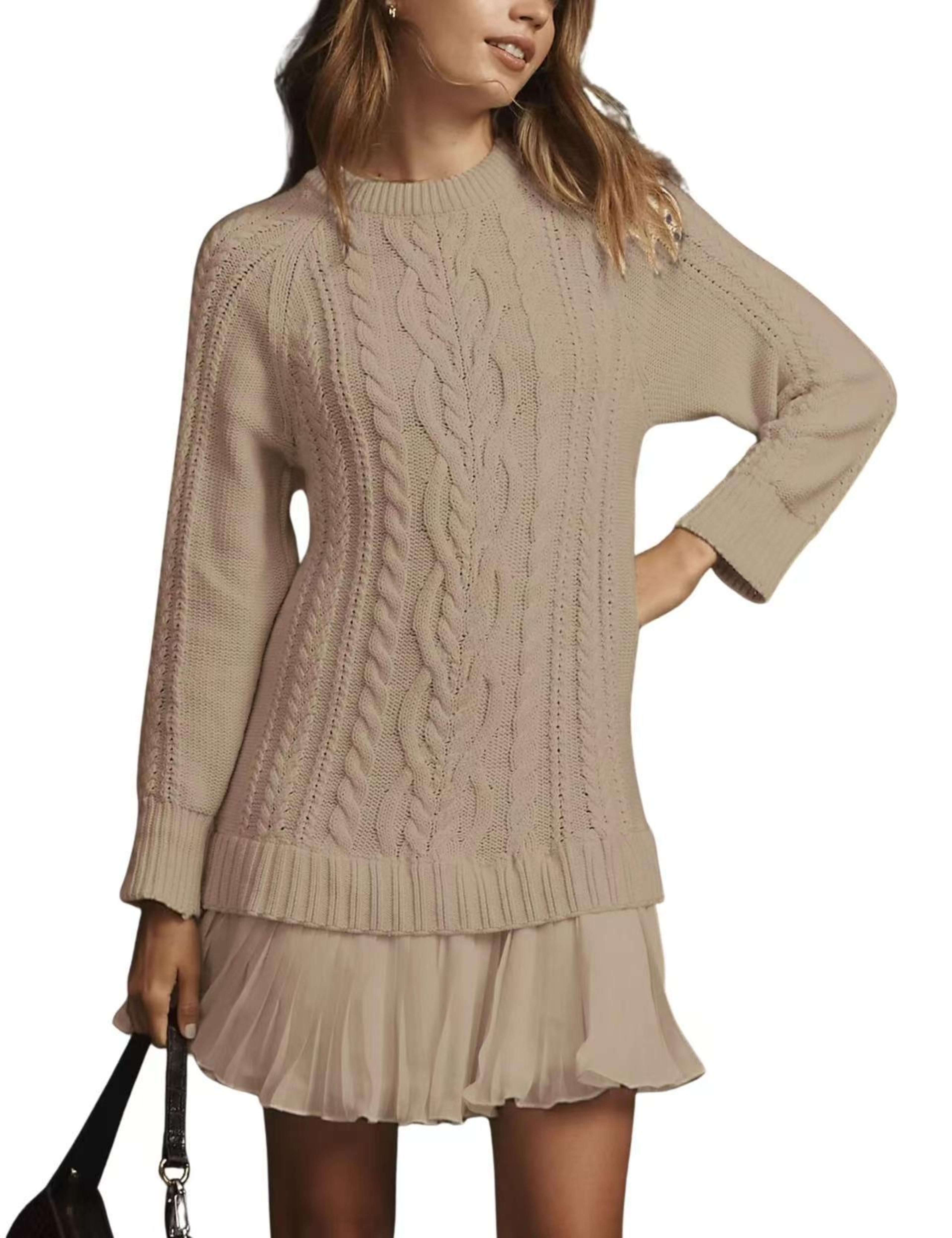 Long Sleeve Twist Knitted Sweater Dress Ruffle Chiffon Pleated ALine Fall Dress For Women  Warm Pul 2