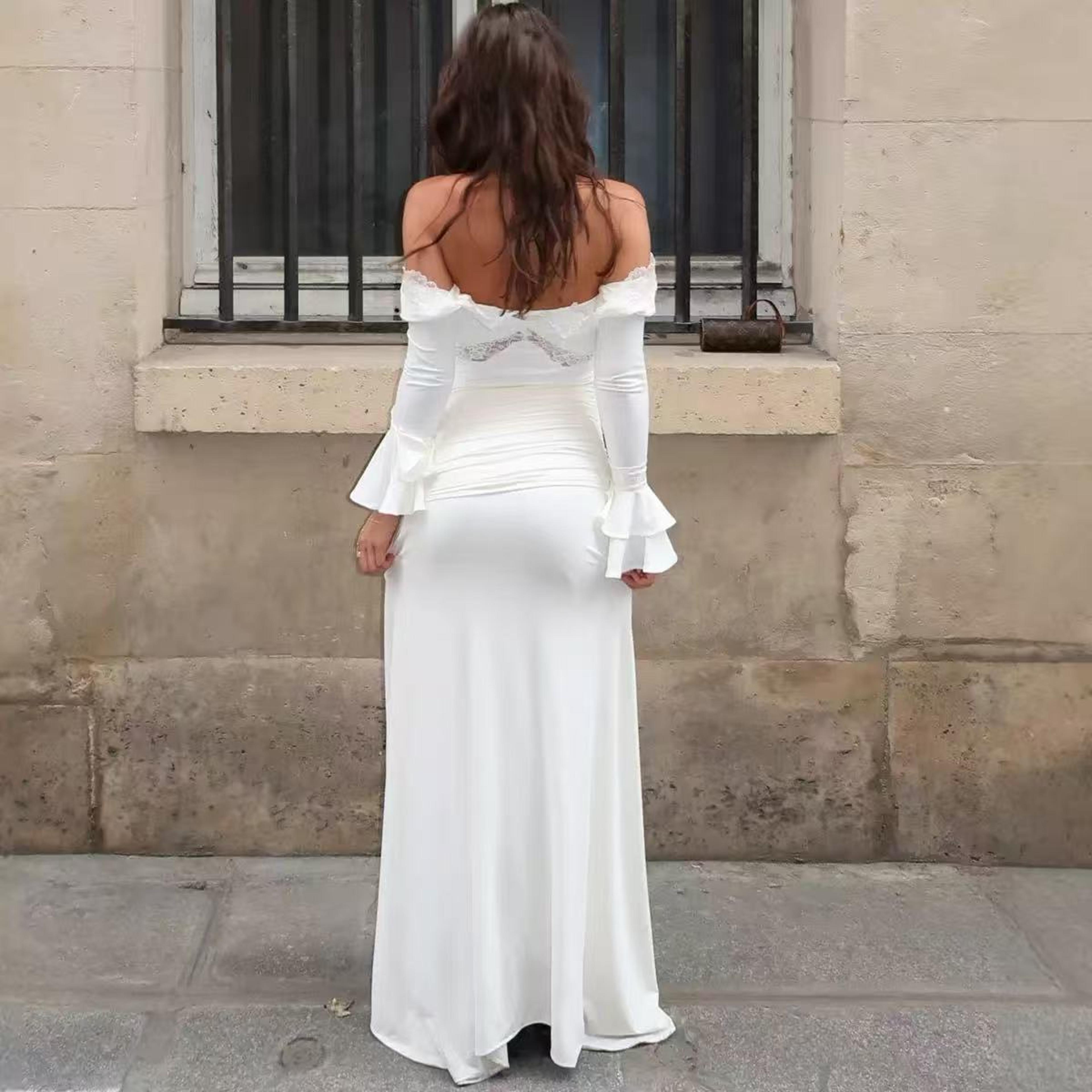 Elegant Long Sleeve Maxi Dress For Women  Lace Patchwork VNeck Backless Draped Ruched Club Party Dr 4