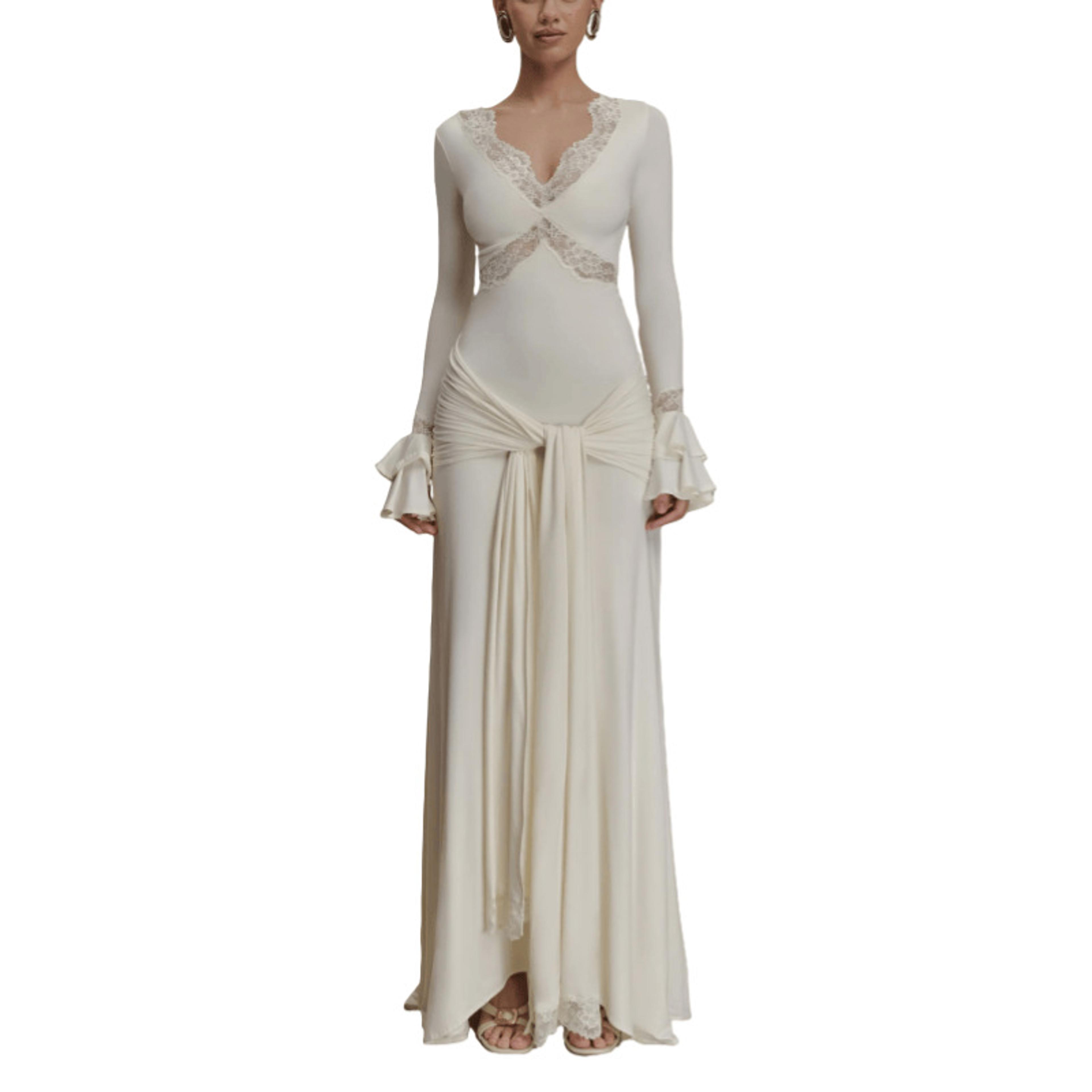 Elegant Long Sleeve Maxi Dress For Women  Lace Patchwork VNeck Backless Draped Ruched Club Party Dr 2