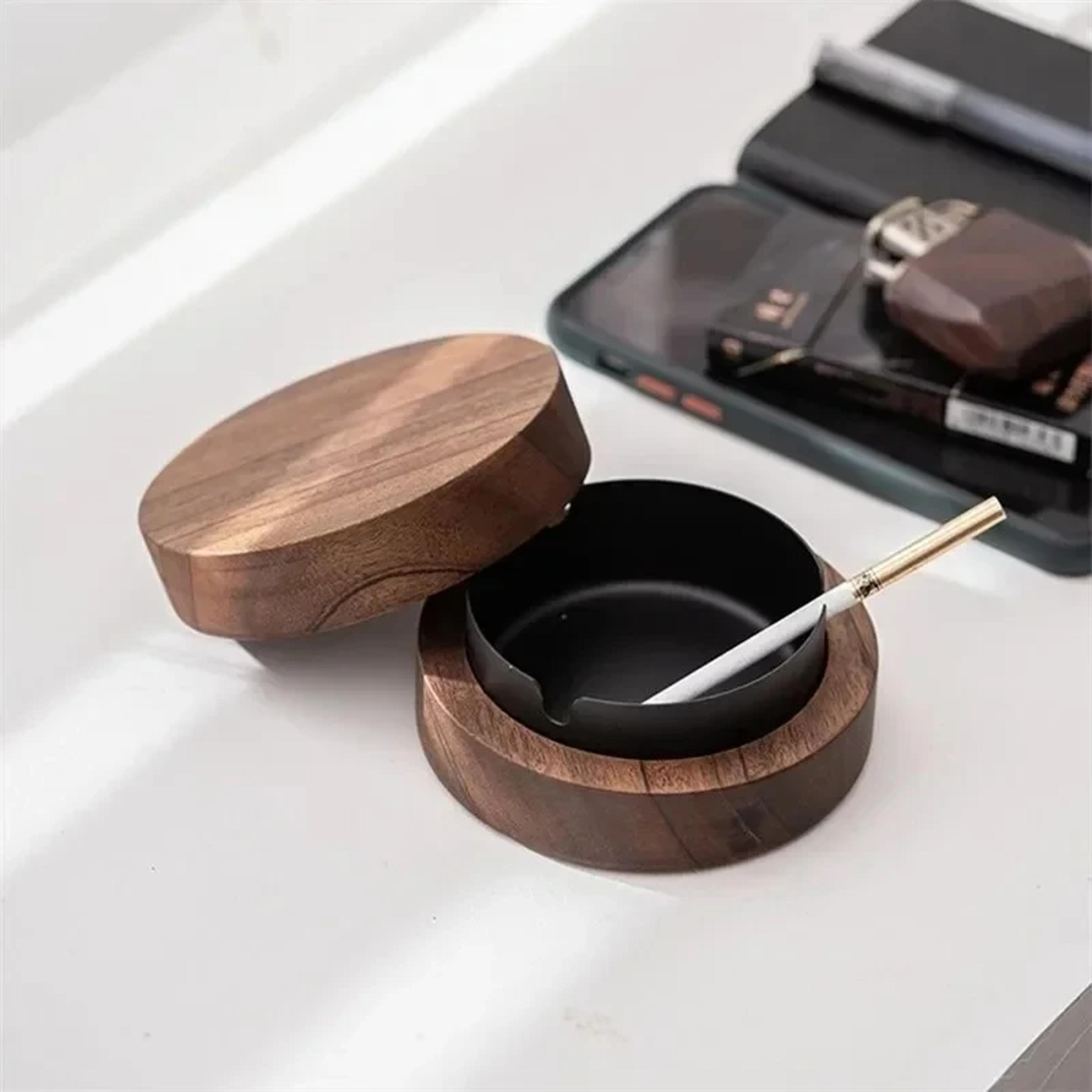 Walnut Wood Windproof Ashtray With Lid  Stainless Steel Liner For Indoor  Outdoor Use 1