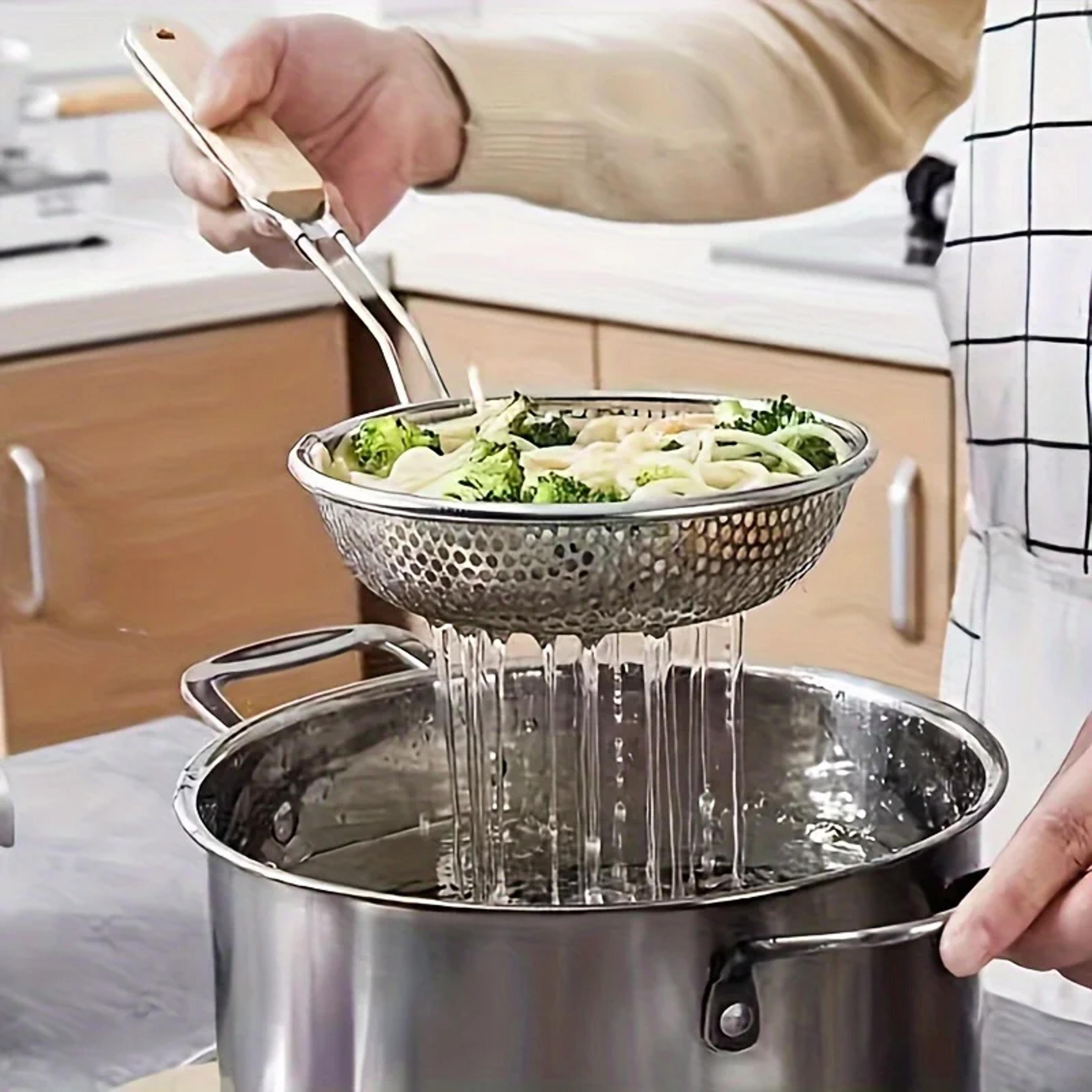 stainless steel colander with wooden handle - fine mesh skimmer spoon for cooking and pasta prep